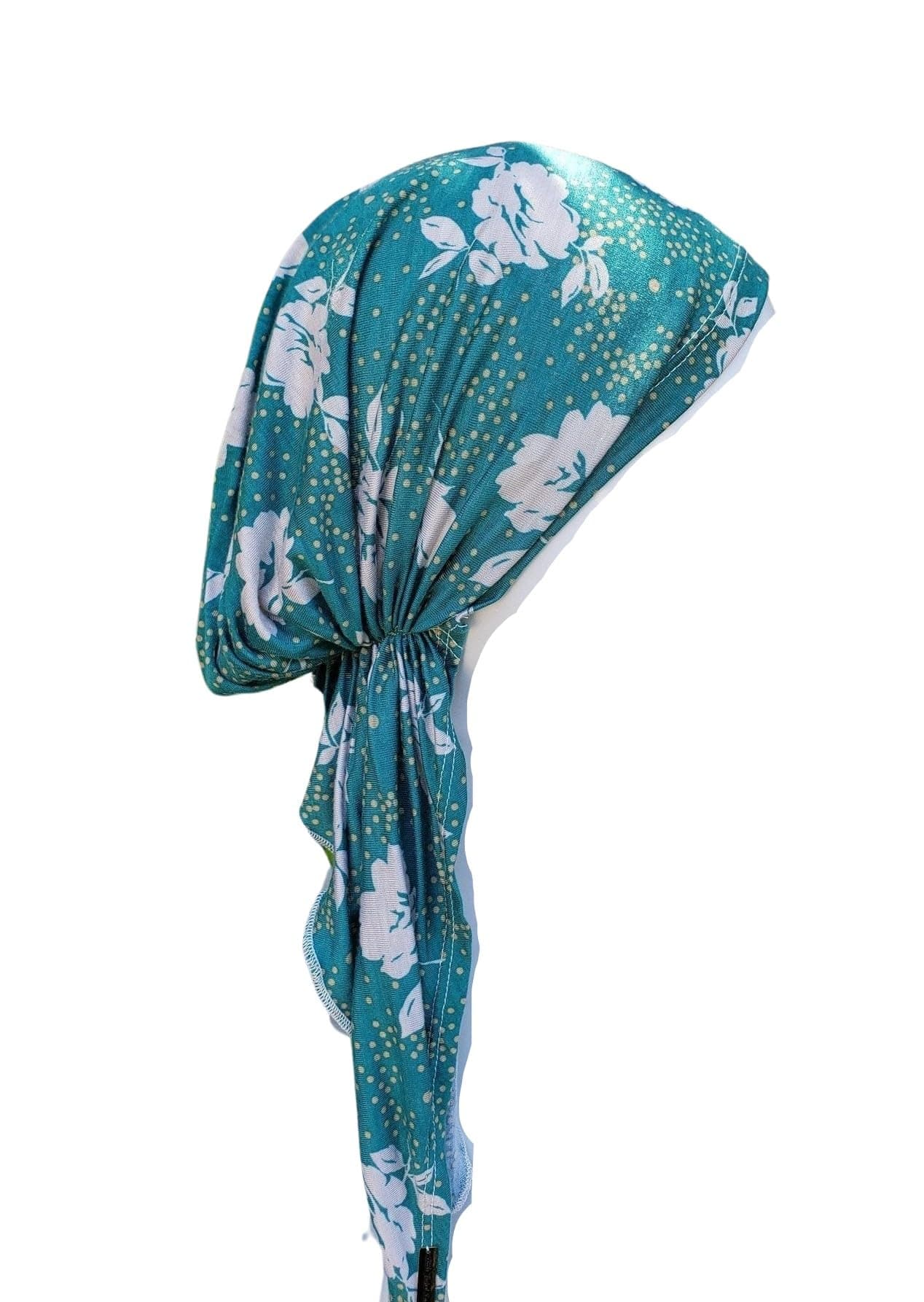 The Little Tichel Lady Pre Tied Head Scarf for Women, Teal Green with White Floral Design Head Covering, Slip On Chemo Beanie Hat, Cancer Headwear, Multi Colored, One size