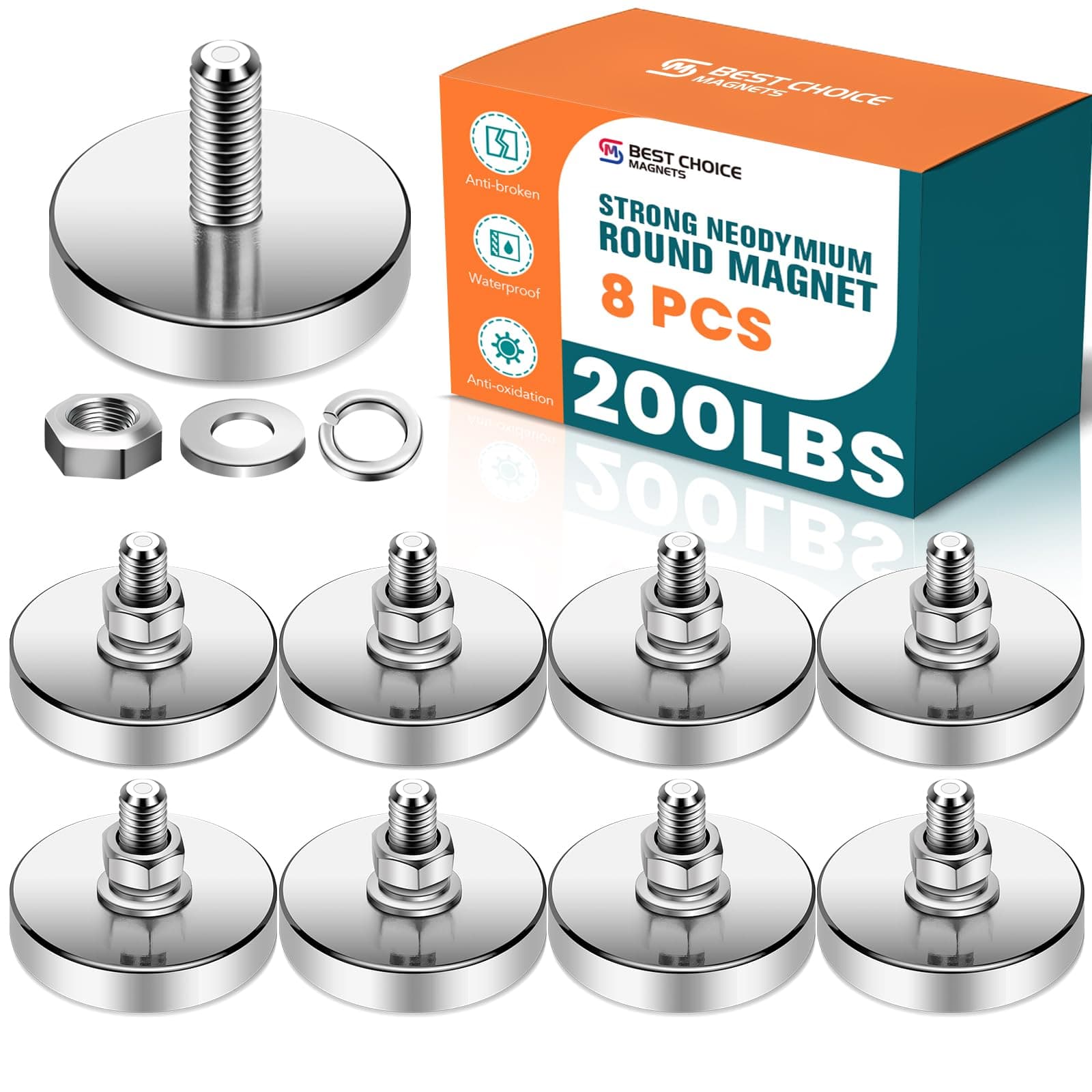 - Super Strong Neodymium Round Magnet with M8 Male Thread Nuts Bolts 200 lb Corrosion-Resistant Mounting Magnet for Lighting Camera and Other Brackets Outdoor Tools 44mm D - 8 Packs