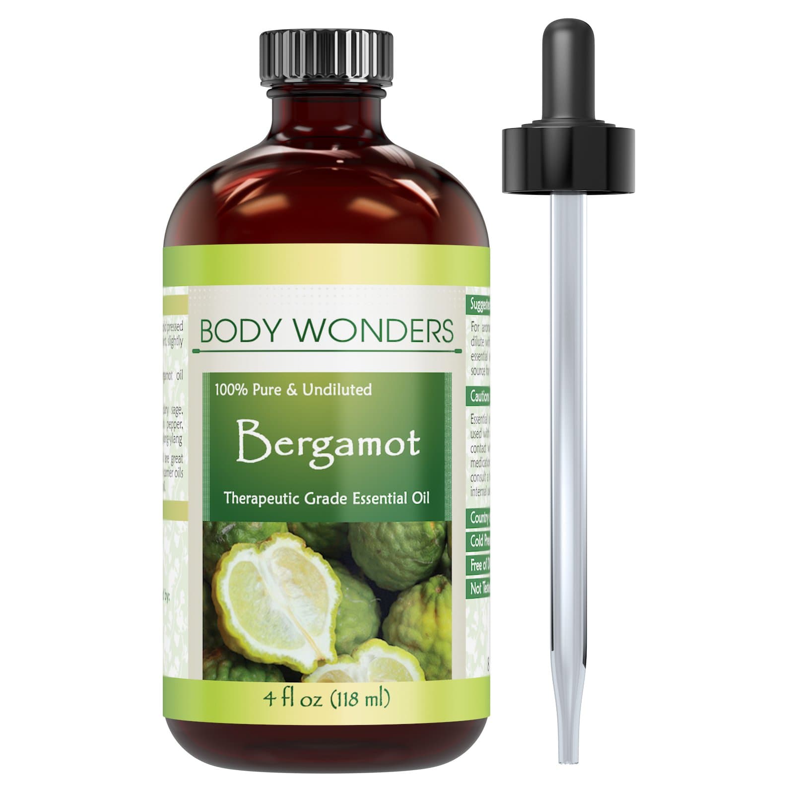 Body Wonders Bergamot Essential Oil - 4 oz. Bottle - 100% Pure, Undiluted Therapeutic Grade Oils - Ideal for Aromatherapy Great Value!