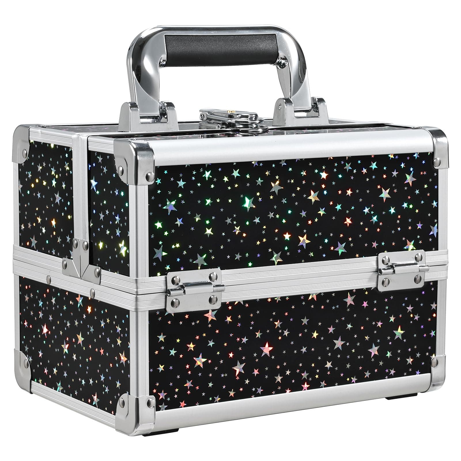 Joligrace Makeup Train Case Portable Cosmetic Box 2 Trays with Mirror Lockable for Makeup Nail Tech and Beauticians Traveling Makeup Storage Organizer - Black Star