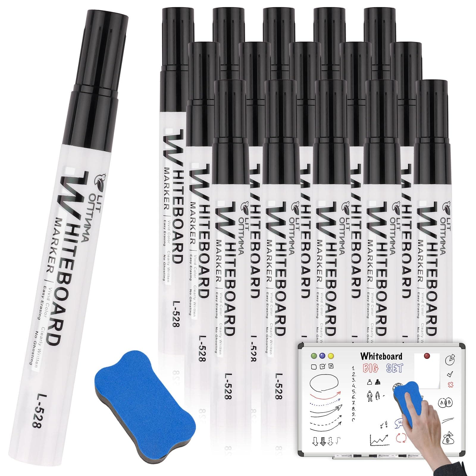 15 Pcs Whiteboard Pens, Dry Erase Markers, White Board Markers Erasable with Magnetic Erasers, Dry Wipe Pens for Whiteboard, White Board Pens Colour for Kids Office Schools Home - Black