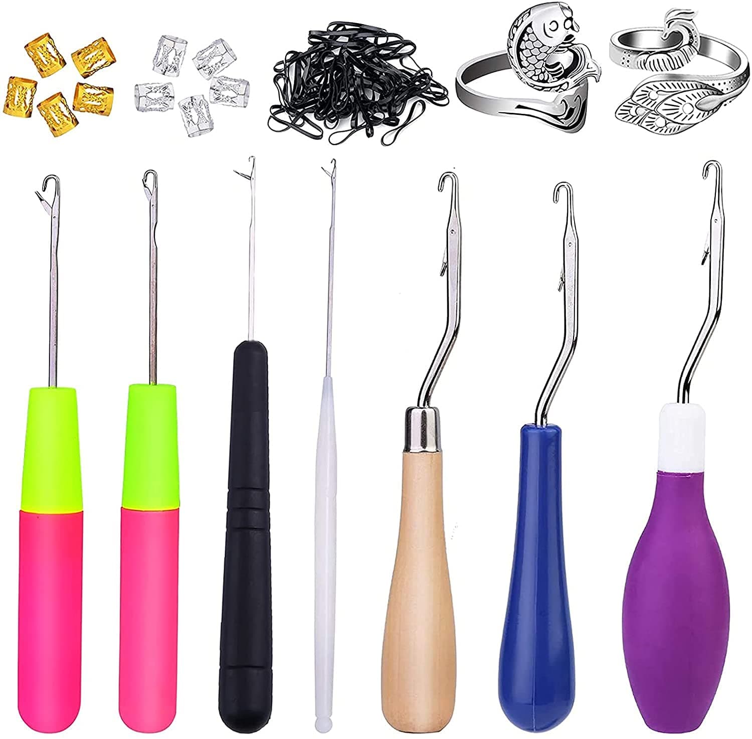 Crochet Hooks for Hair Set, 7 PCS Latch Hook Crochet Needles + 2 Pcs Adjustable Knitting Crochet Loop Rings + 10 PCS Dreadlocks Hair Rings, Dreadlocks Tool Set for Braiding Hair Accessories