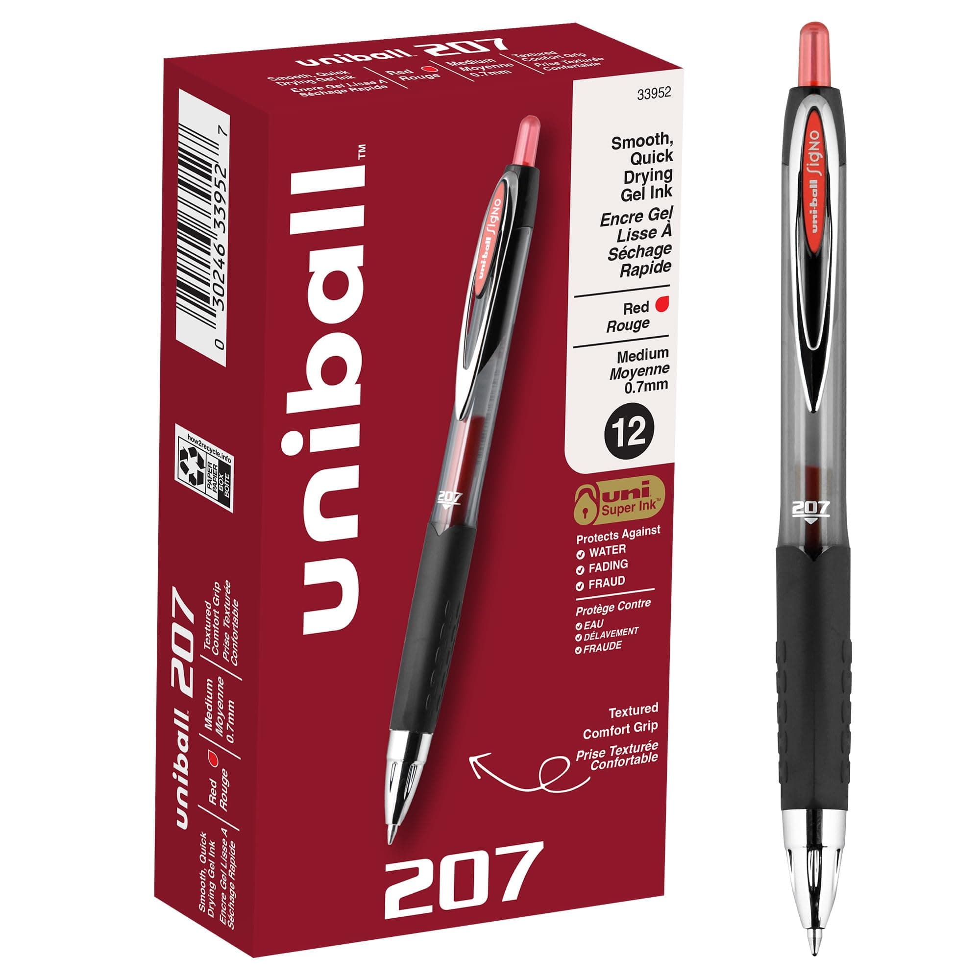 207™ Retractable Fraud Prevention Gel Pens, Medium Point, 0.7 mm, Black Barrels, Red Ink, Pack Of 12