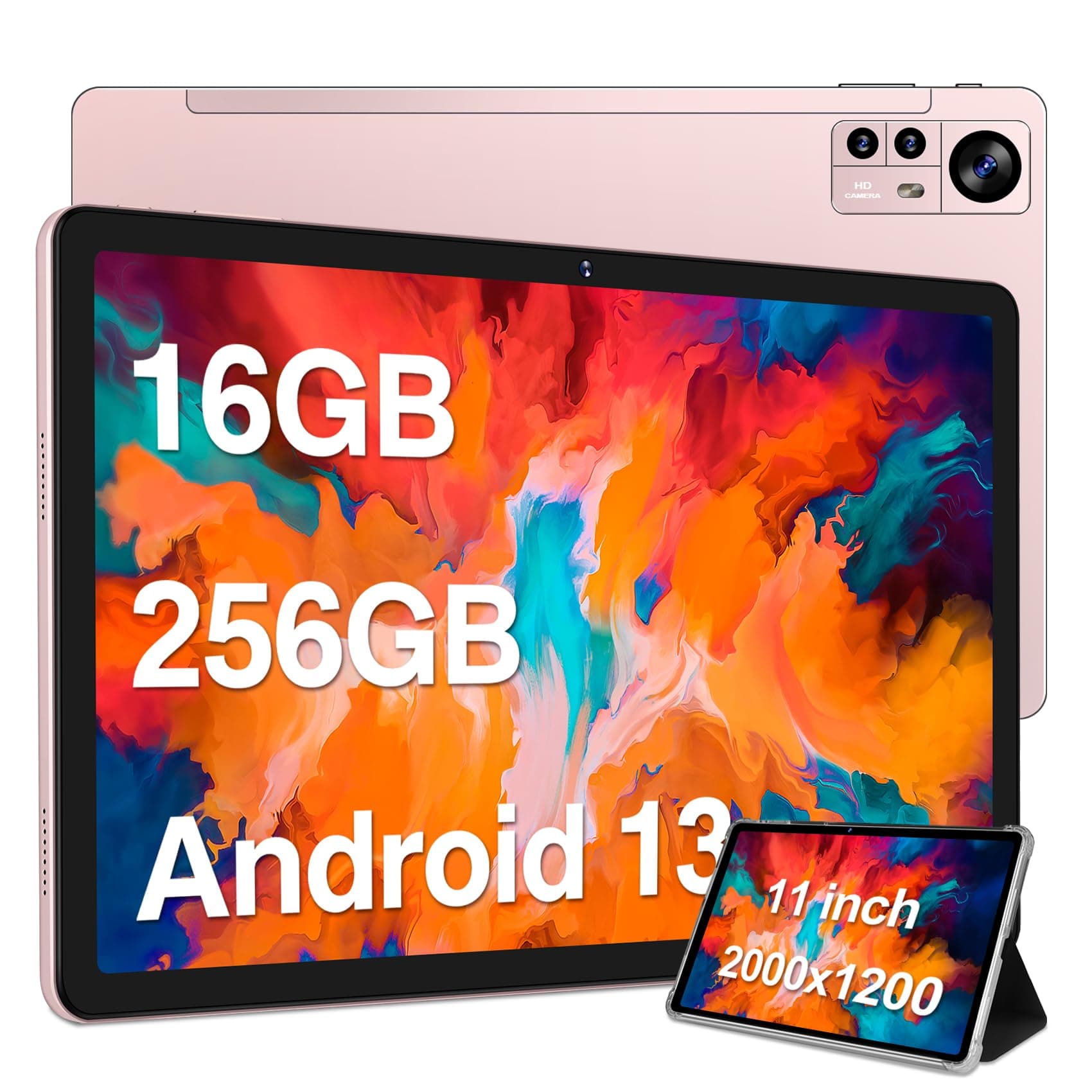 2024 Latest Tablet 11 inch Android 13 Tablets 16GB+256GB+1TB Expand, Octa-Core, 2K 2000 x 1200 Display, 13MP Triple Camera, 8600mAh, Quad Speakers, 5G/2.4G WiFi,GPS,Bluetooth 5.0, with Case -Rose Gold