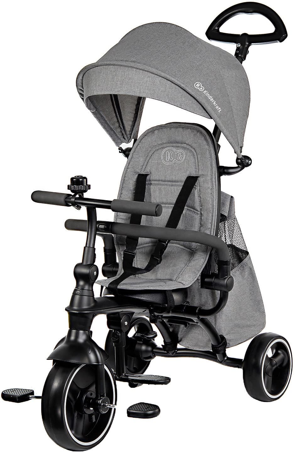 Kinderkraft Tricycle JAZZ, Baby Push Trike, Pushchair, 4 in 1, Compact Folding, Free Wheel Functions, with Sun Canopy, Parent Handle, Footrest, Accessories, Bag, Bell, from 9 Months to 3 Years, Gray