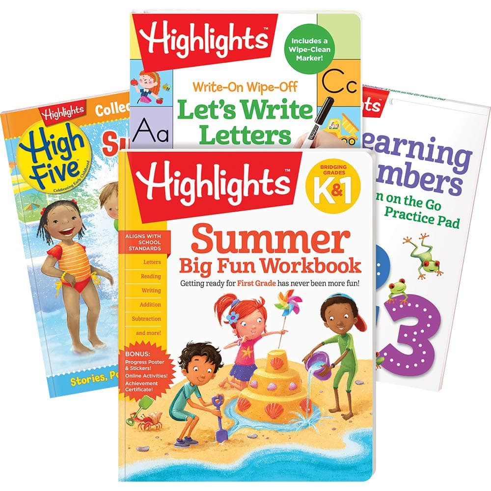 Highlights Learning Summer Pack Grade K-1 - Learning Workbook, Writing Letters, Learning Numbers and High Five Collector's Edition