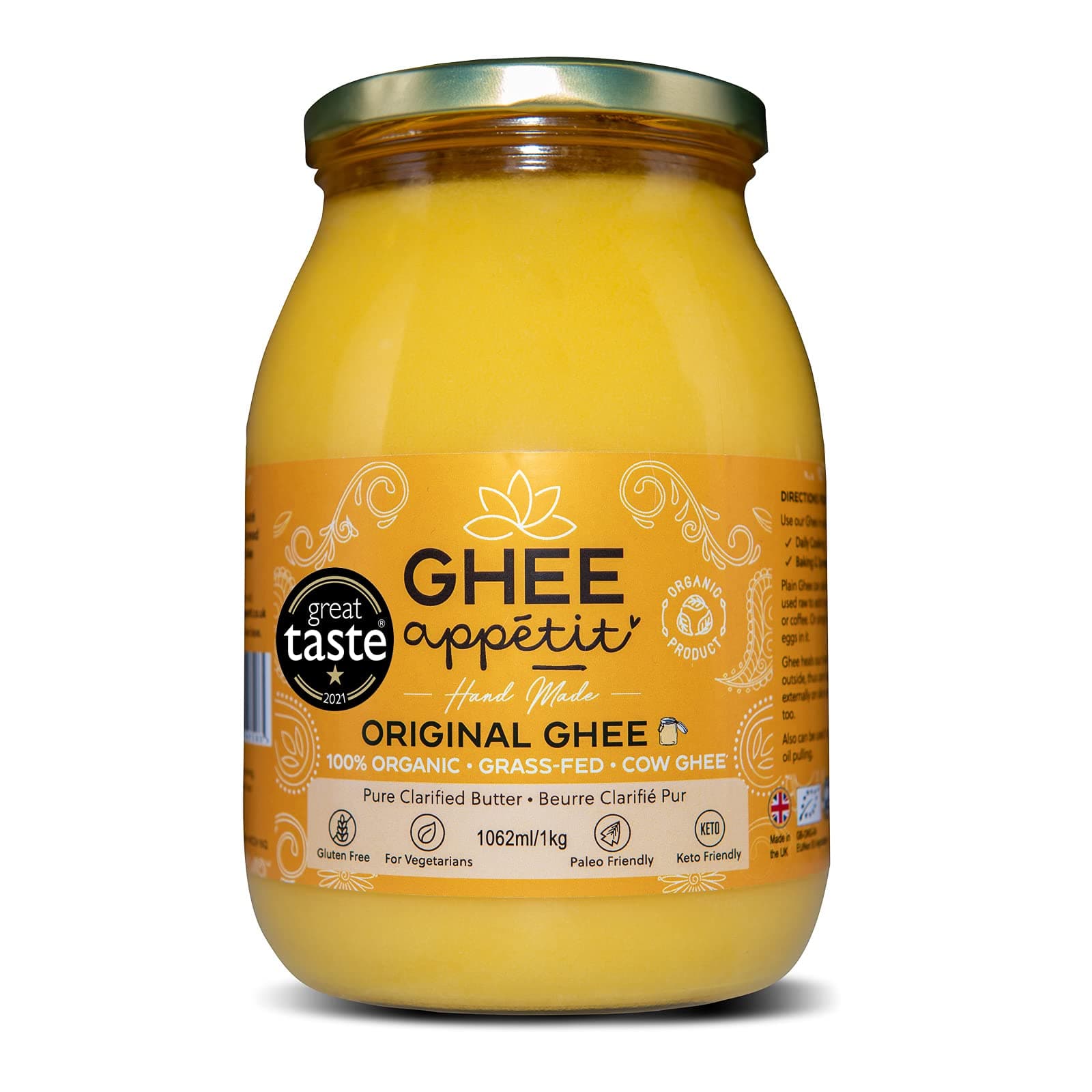 Ghee Appétit Organic Ghee 1062 ml/1 kg I Certified Organic I Free Range Grass Fed Ghee I Ghee Butter I Vegetarian I Ayurveda Ghee Recipe I Pure Clarified Butter I Artisan Ghee