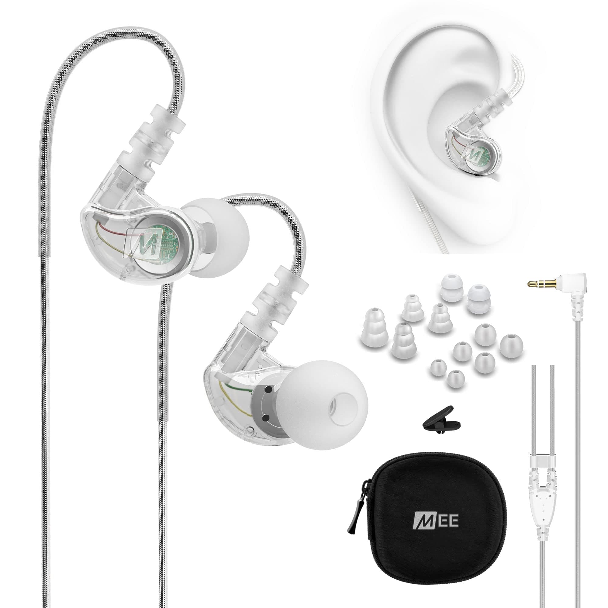 M6 Sweatproof Sports Wired In Ear Headphones Corded Earphones Earbuds with 3.5mm Plug and Memory Wire Earhooks Clear, Earphone-M6CL-MEE, M6-CL, 48 Inches