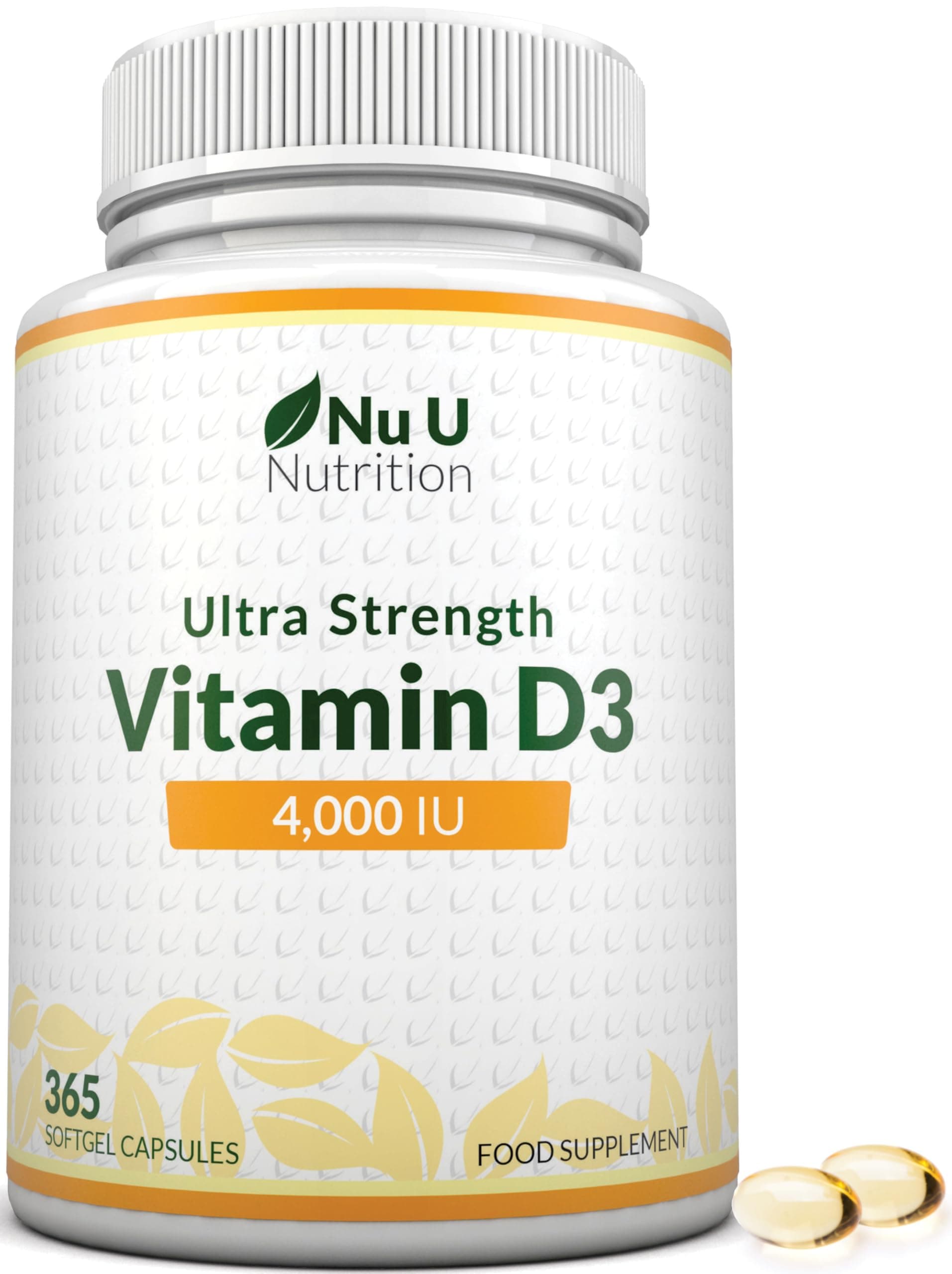 Vitamin D 4000 IU 365 Softgel Capsules NOT TABLETS - Full Year Supply Easy to Swallow QUADRUPLE STRENGTH Vitamin D3 Supplement Highly Bioavailable Cholecalciferol Gluten & Dairy Free by Nu U Nutrition