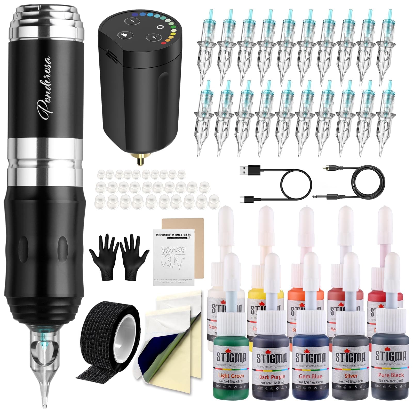 STIGMA Cordless Tattoo Gun Kit Complete with Pro Machine Pen, 1400 mAh Battery, 20 Tattoo Cartridge Needles, Ink Color Set, Full Tattoo Accessories STP35KITP802-5