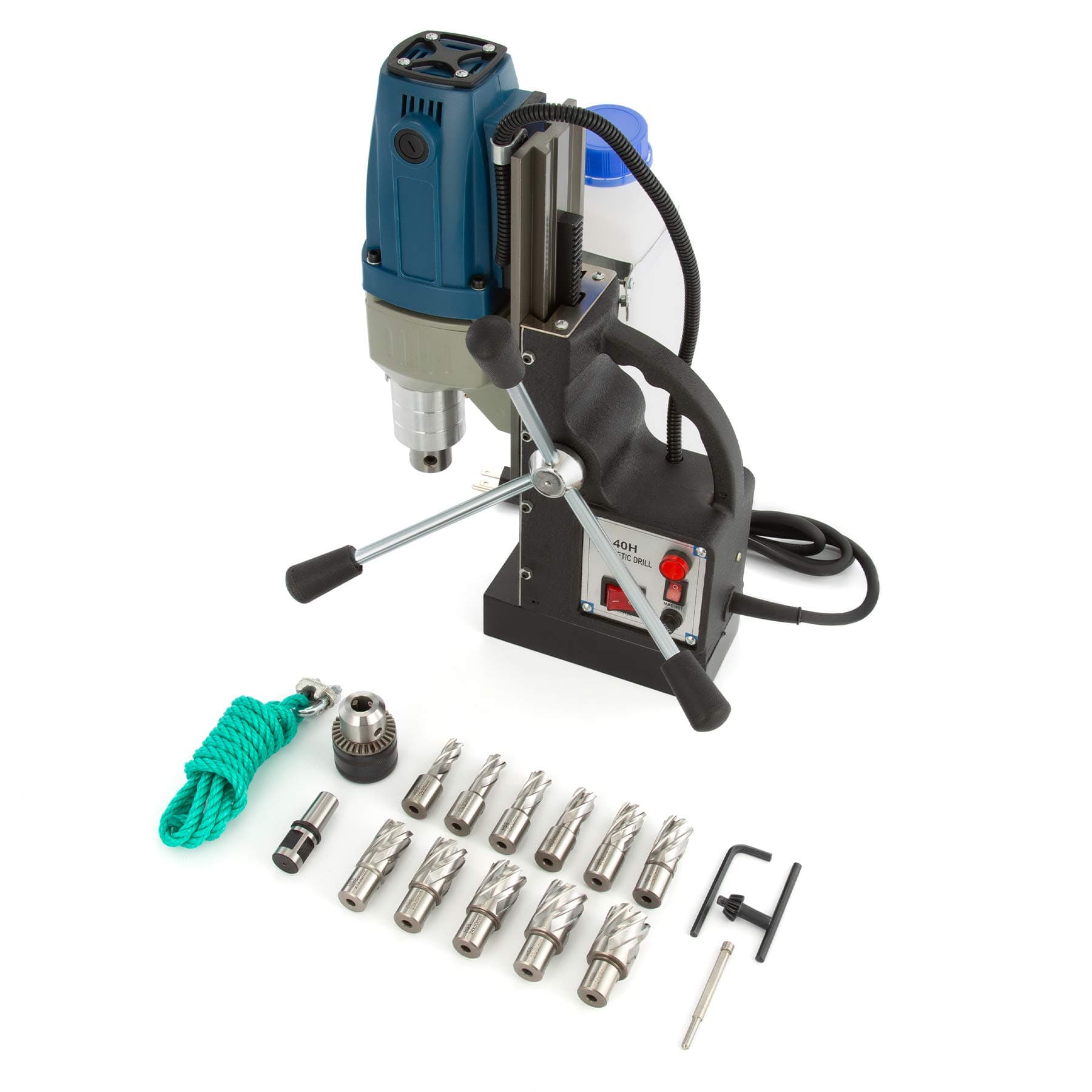 ZELCAN Magnetic Drill Press, Portable Electric Mag Drill, 1100W 40mm Boring Dia 12000N Force Electromagnetic Grip, Industrial Cutting Drilling Machine (Model 40H + 11 Drill Bits)