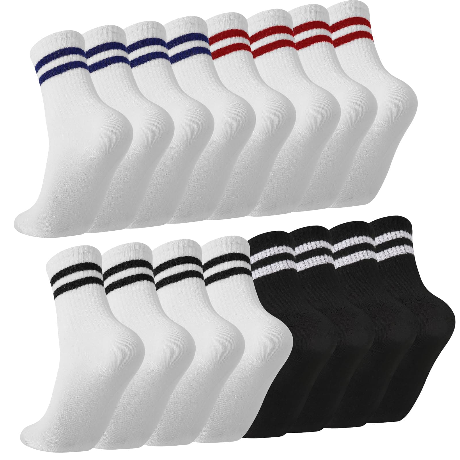 8 Pairs Striped Crew Socks Multipack Sports Running Sock for Men Women Size, Soft Athletic Sock Breathable Black White Grey Socks for Work School Casual Walking