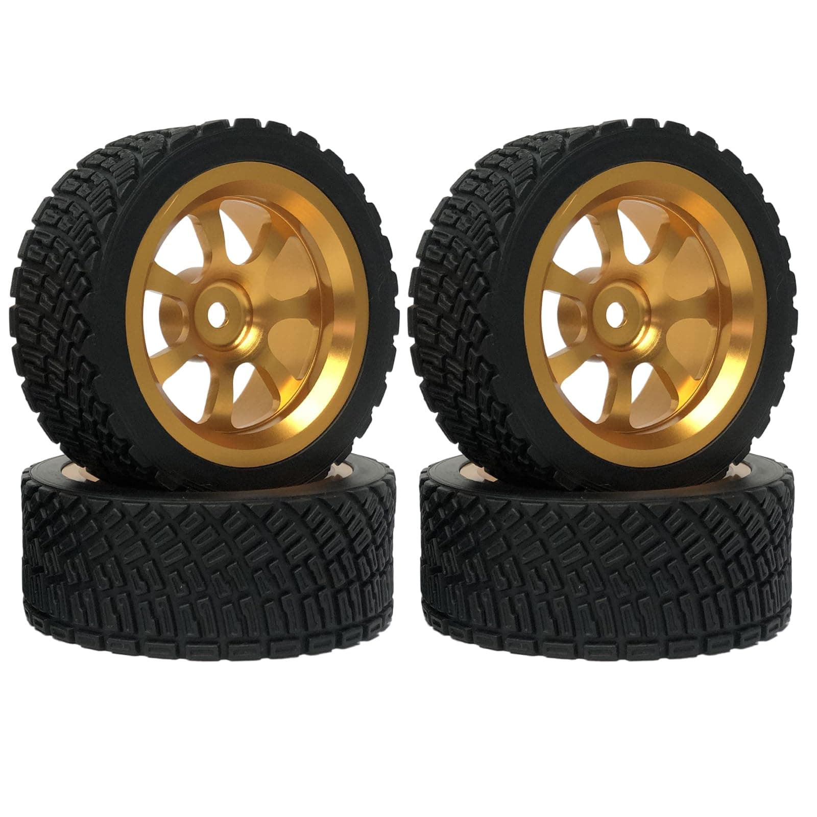 WONFAST 1:10 RC Rally Car Tires 65mm Rubber Tyres and Metal Aluminium Alloy Wheels Rims for 1/10 RC Off On-Road Flat Running Racing Rally Truck Car for Tamiya TT01 TT02 HPI HSP WR8 Kyosho (Gold)