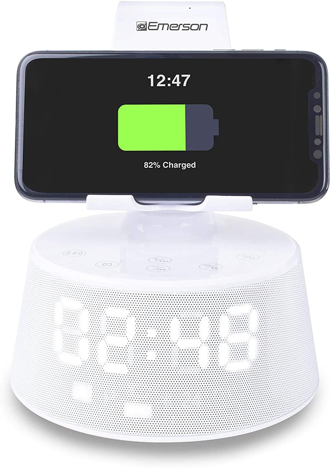 Docking Station with Wireless Charging, Bluetooth Speaker, Radio and Alarm Clock with Extending and Rotating Phone Rest for Hands Free Calling, ER-X300