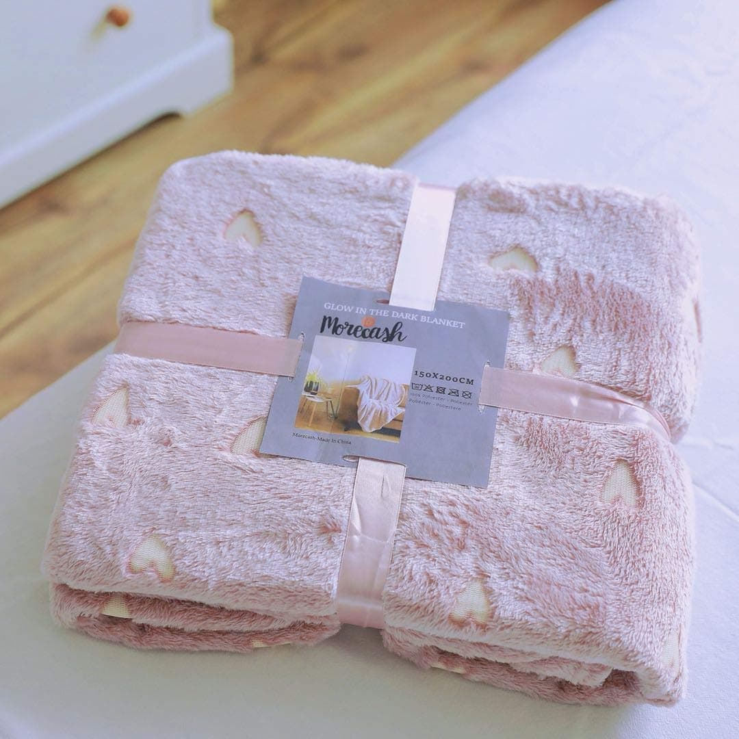 Morecash Glow in The Dark Throw Blanket,Soft Pink Love Pattern Flannel Fabric,All Seasons Luminous Blankets,The Gifts for Kids and Adults,80”x60”