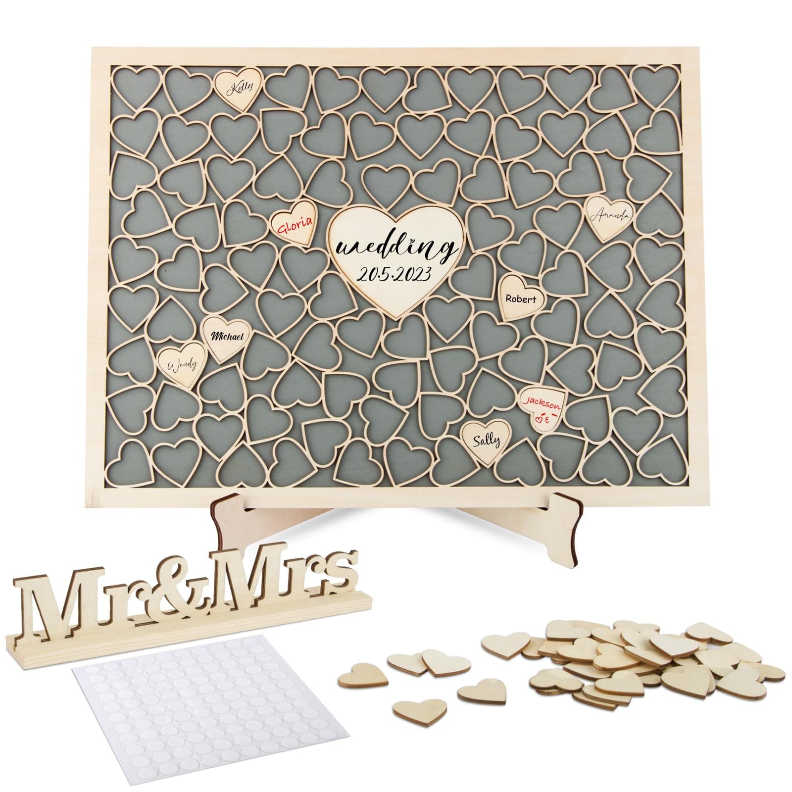VINFUTUR Wooden Wedding Guest Book Set, Guest Book Frame + Mr&Mrs Sign + 110Pcs Heart Shapes + Glue Dots for Wedding Reception Birthday Party Baby Shower Decoration