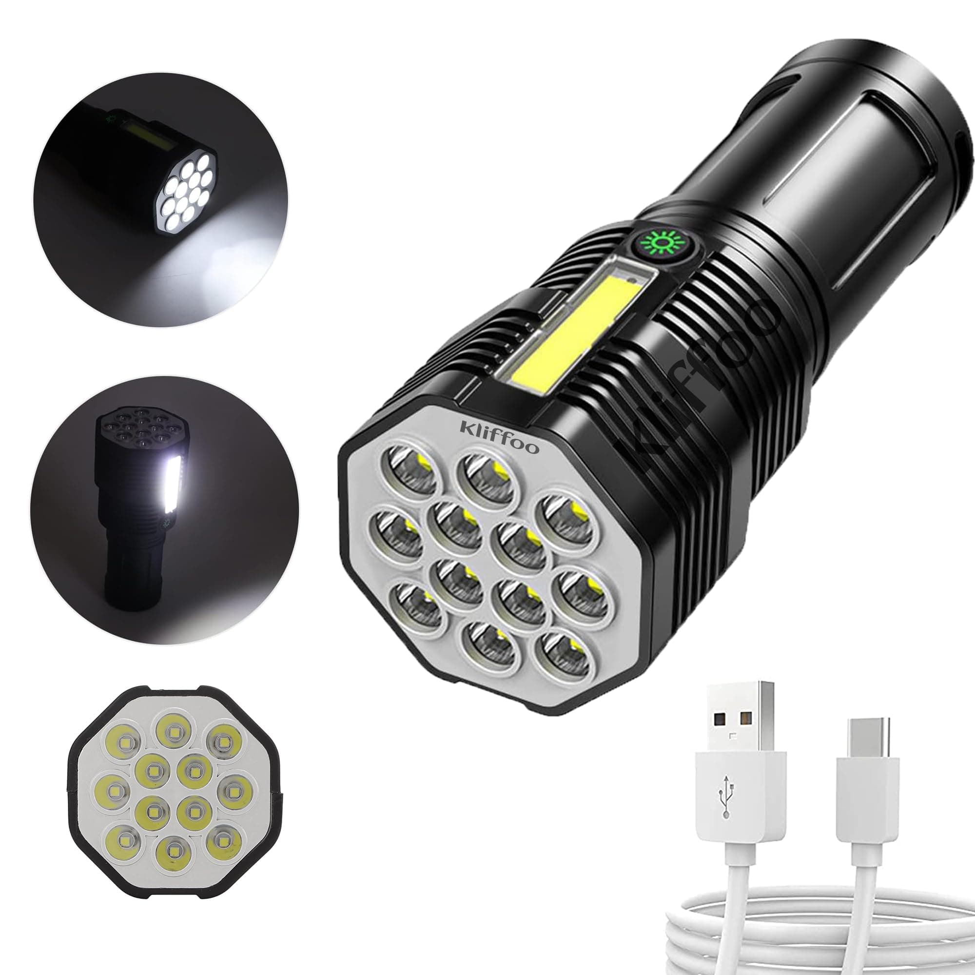 KLIFFOOLED Flashlight Powerful USB Rechargeable Torch Flashlight Long Distance Beam Range with Electric 2 in 1 12 LED Flashlight and COB Lights with 4 Modes for Car Camping Hiking Indoor Outdoor