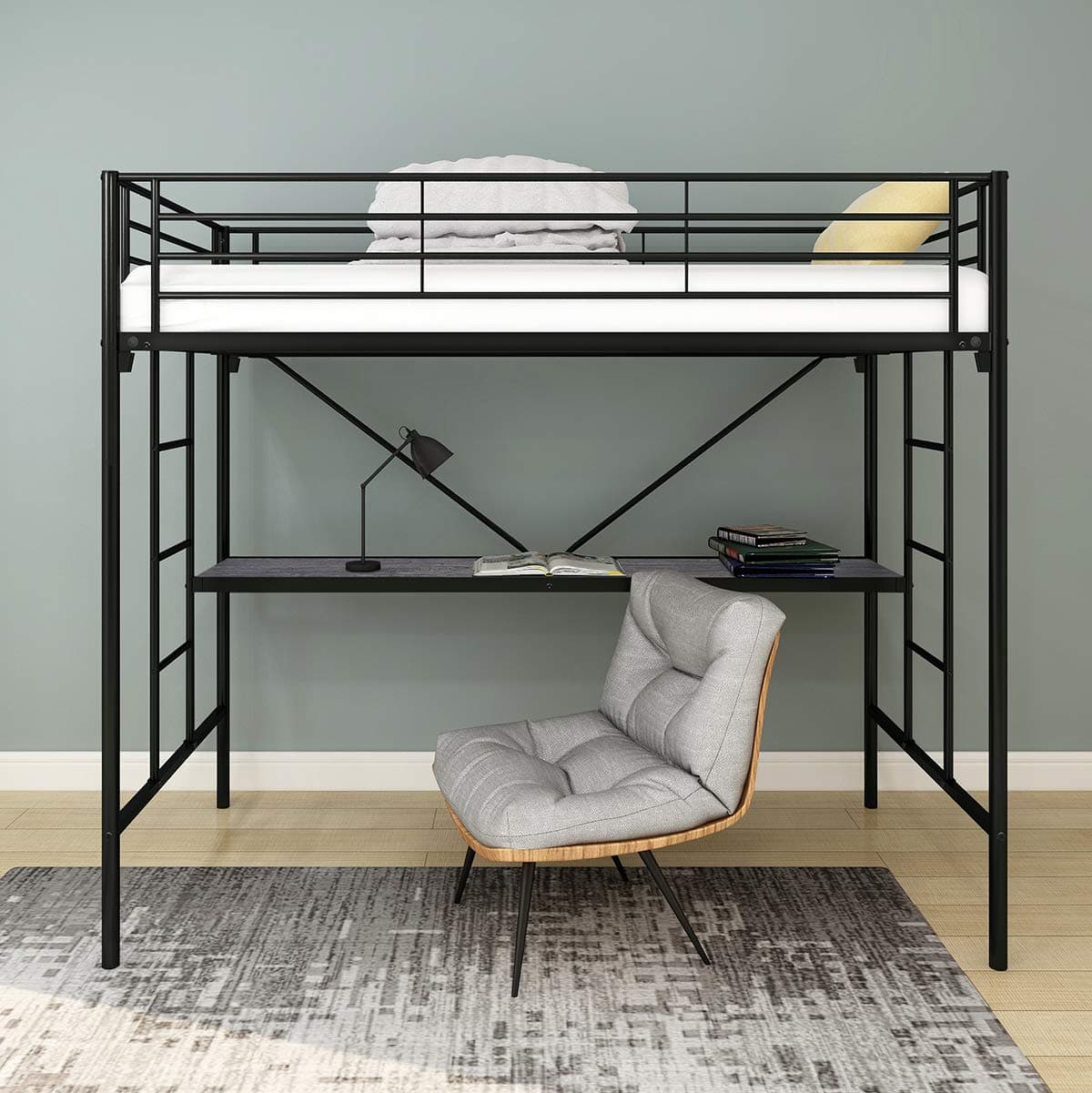 HOMERECOMMEND Metal Bunk Bed with Desk Loft Bed with Ladder and Safety Rails Black Finish Room Dormitory