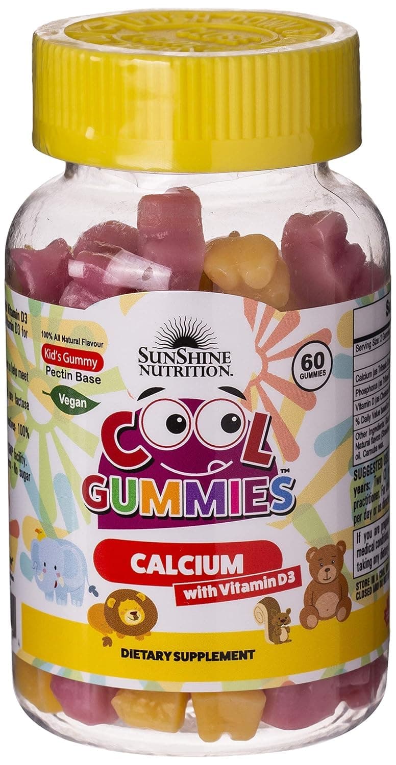 Sunshine Nutrition Cool Gummies Calcium With D3 For Kids, 60 Gummies | No Sugar Coating | Vegan | All Natural Flavor