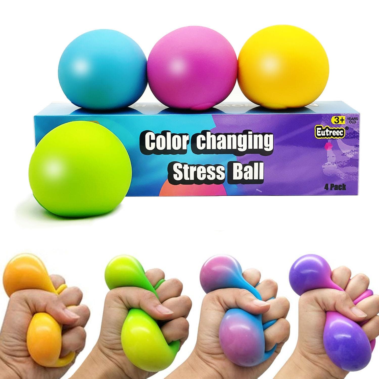 Stress Ball Toys Color Changing - Sensory Squeeze Toys Squishy Balls for Teens Kids and Adults Stress Relief Balls for Easter Stocking Party Bundle - 4 Pack(Green/Yellow/Blue/Pink)