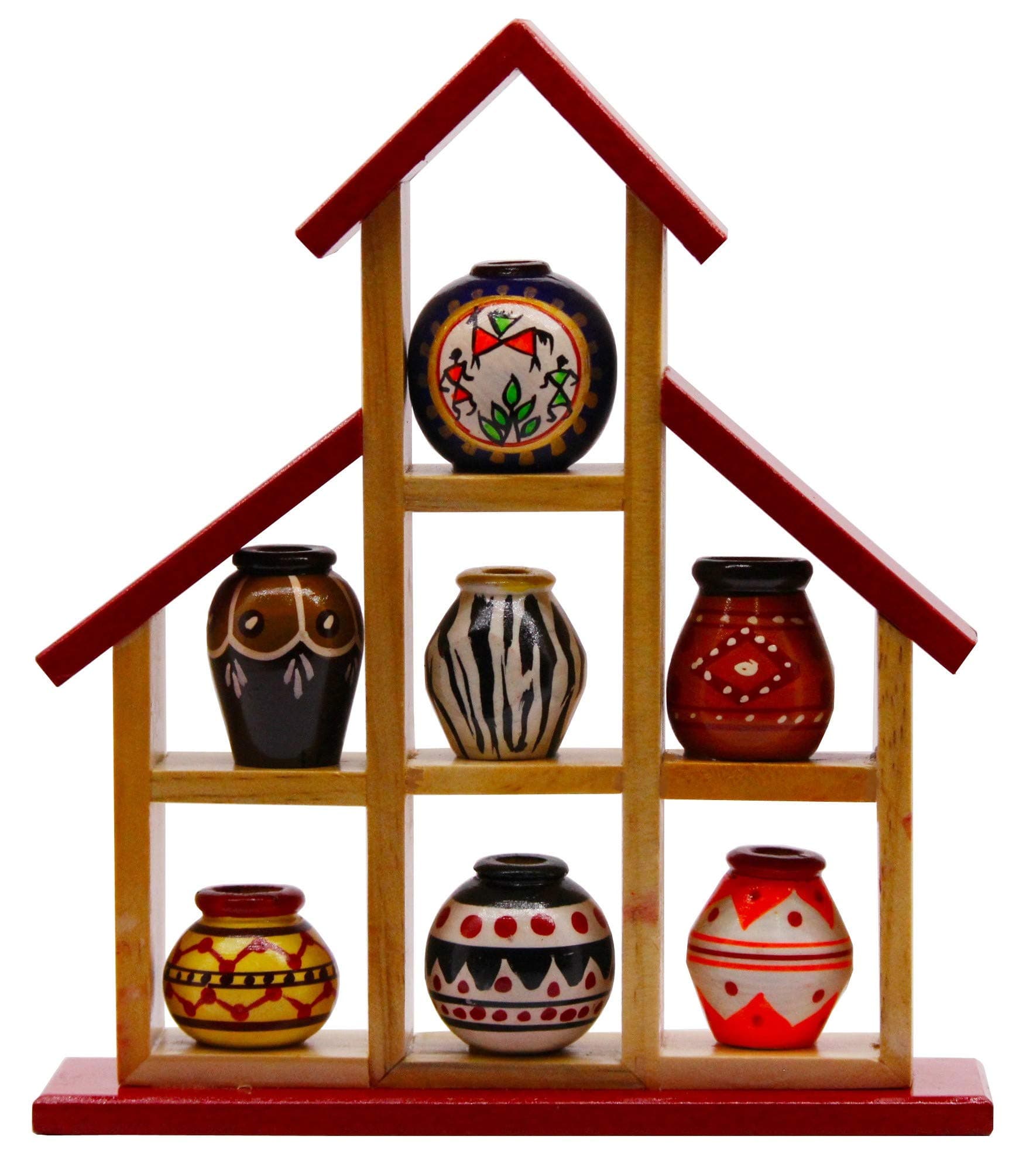 Rare Skies 7 Terracotta Warli Handpainted Pots with Wooden Frame Wall Hanging for Home Décor and Gift Item (Red & Beige Frame)