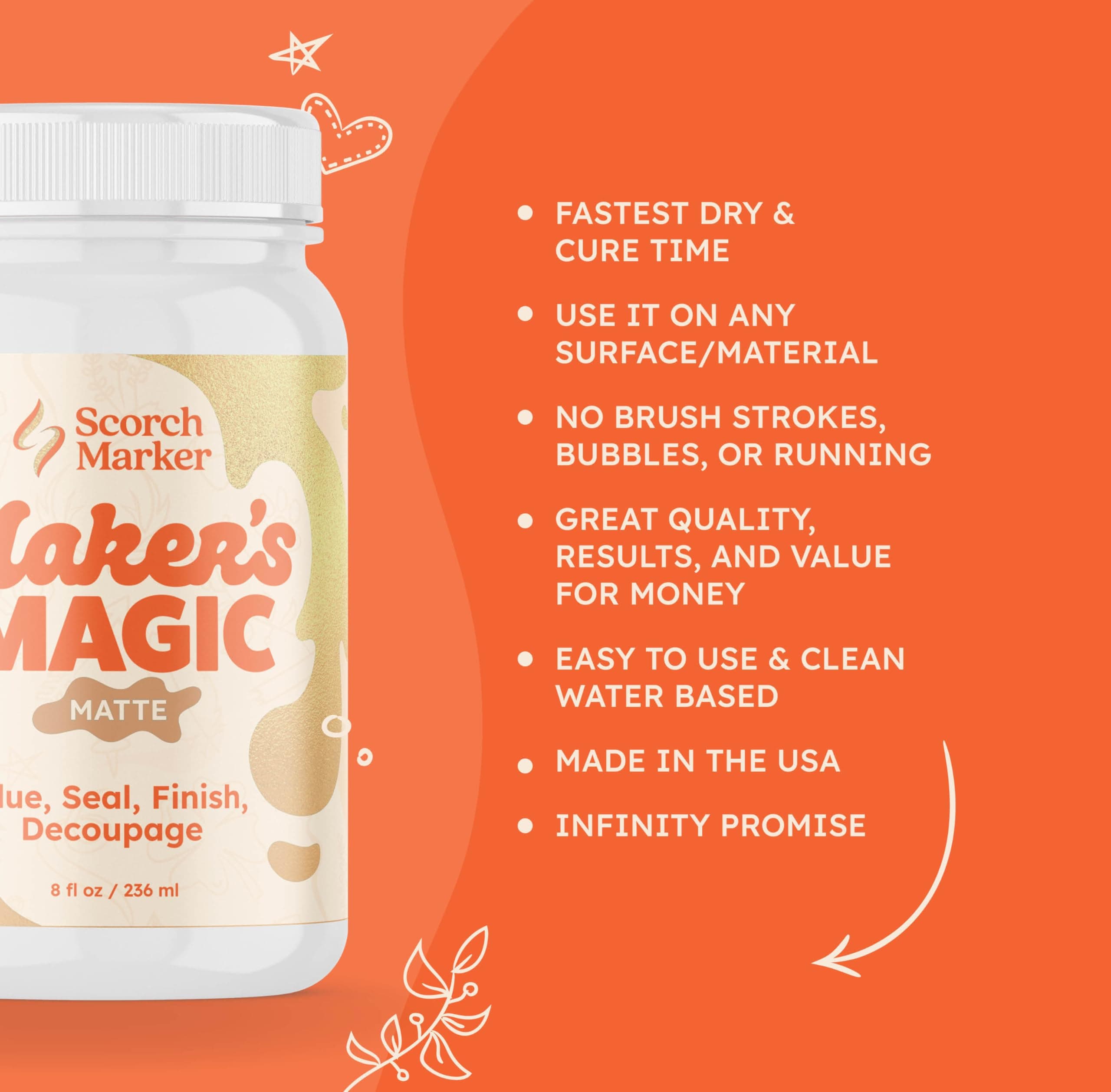 Scorch Marker Maker’s Magic Sealer, Matte Finish, All Purpose Waterbase Glue, Decoupage Sealer, & Finish for DIY Crafts & Art Projects, Craft Glue, Quickest Dry & Cure Time, 8 Oz