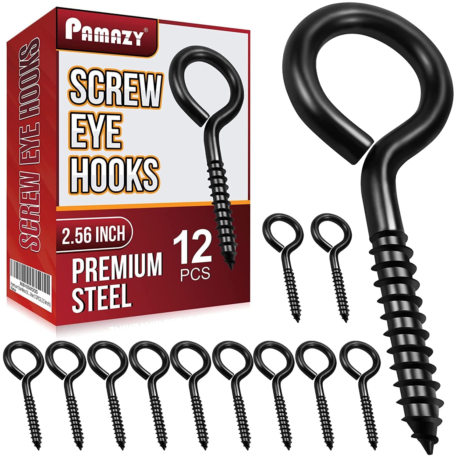12Pcs Black Screw Eyes, 2.56 Inch Heavy Duty Eye Hooks for Wood Securing Cables Wire, Hammock Stand, Indoor & Outdoor Use
