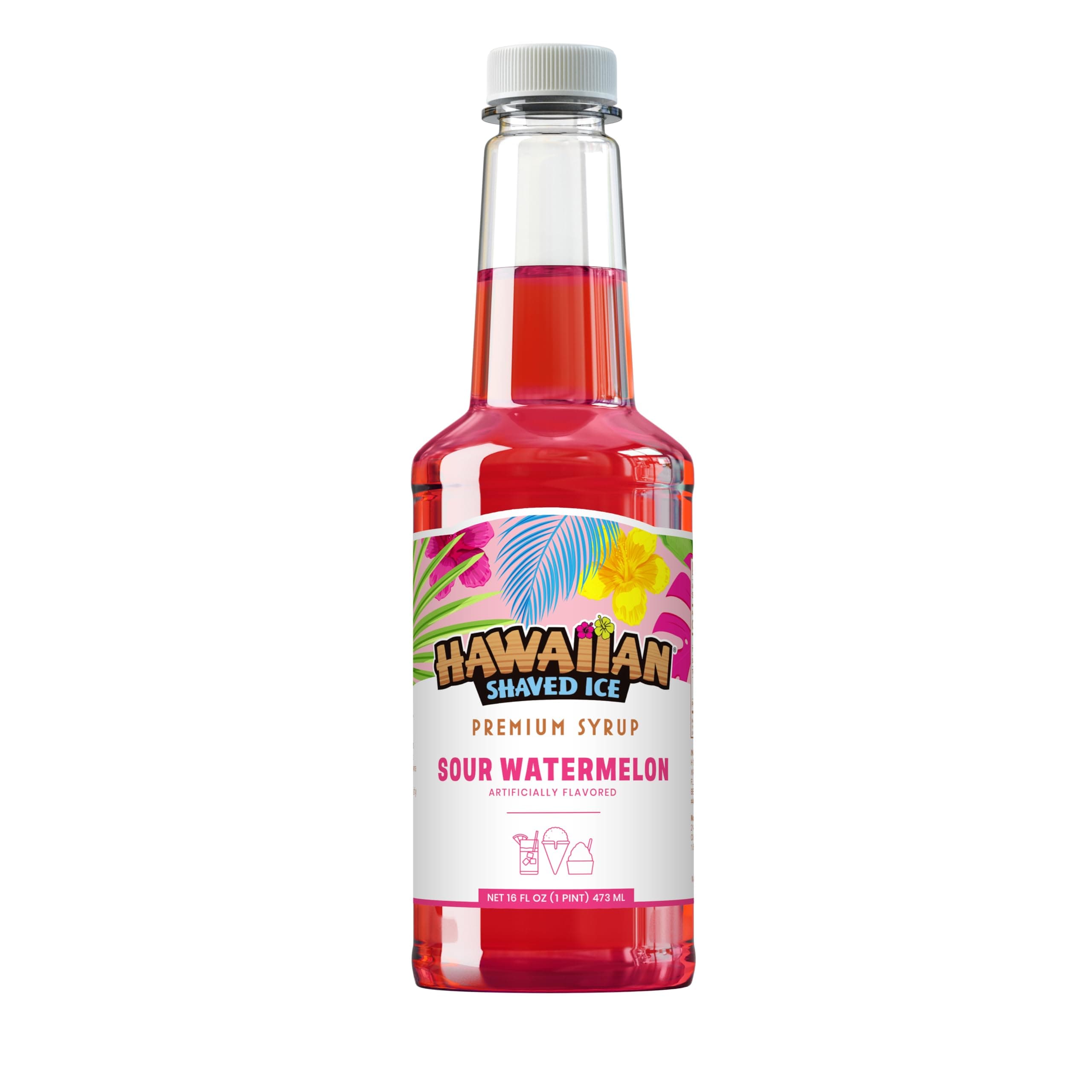 Hawaiian Shaved Ice Sour Watermelon Syrup - Nut Soy Dairy Free - Flavor Fluffy & Crunchy Snow Cones - Shelf Stable - Makes 8 Servings - 16 ounces