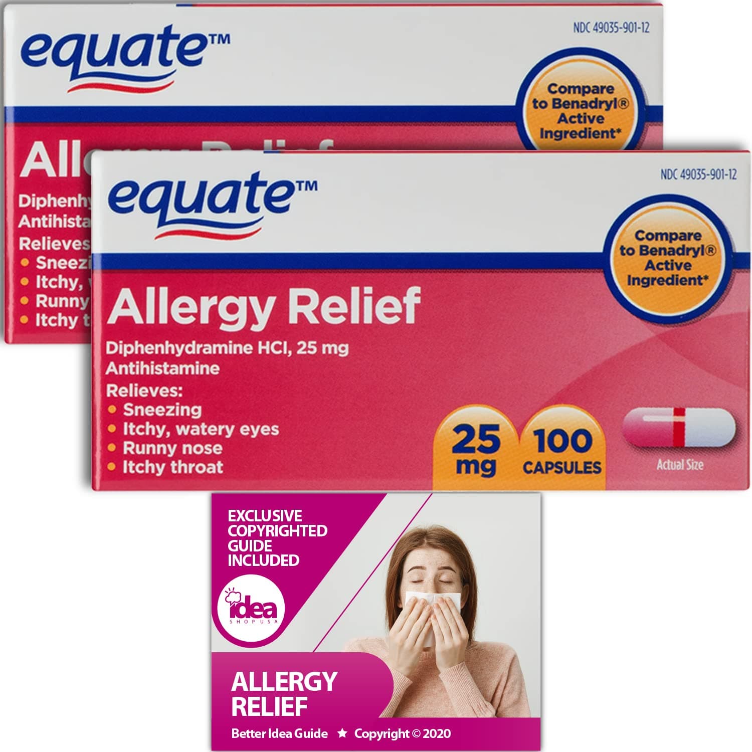 Equate Allergy Relief Capsules, 25 mg, 100 Ct (2 Pack) Bundle with Exclusive "Allergy Relief" - Better Idea Guide (3 Items)