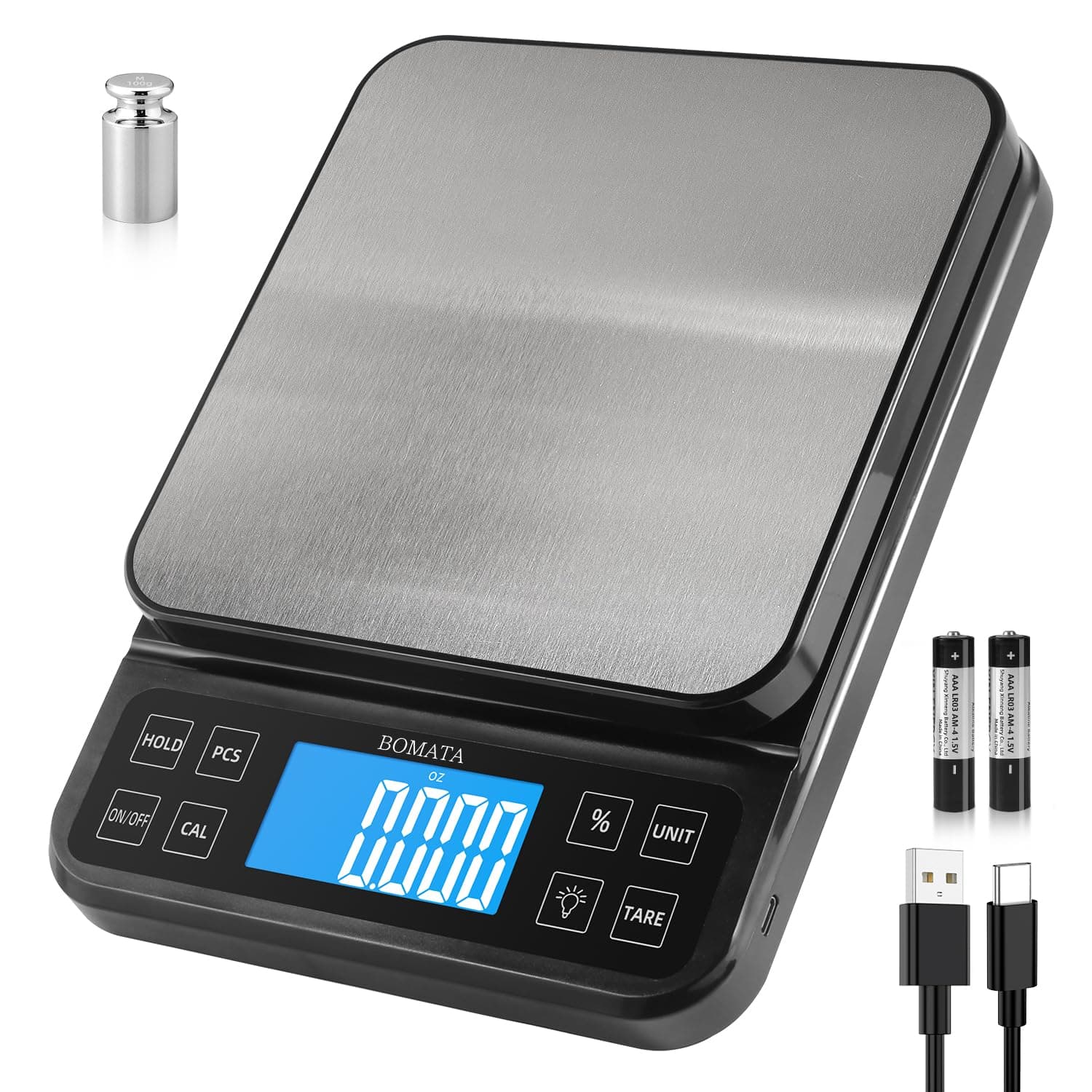 BOMATA Large Kitchen Scale with 0.1g/0.001oz High Precision, 5kg/11lb Bakery Scale with% Percentage Function, USB Rechargeable, Full-View Angle LCD with Backlight, Stainless Steel Pan