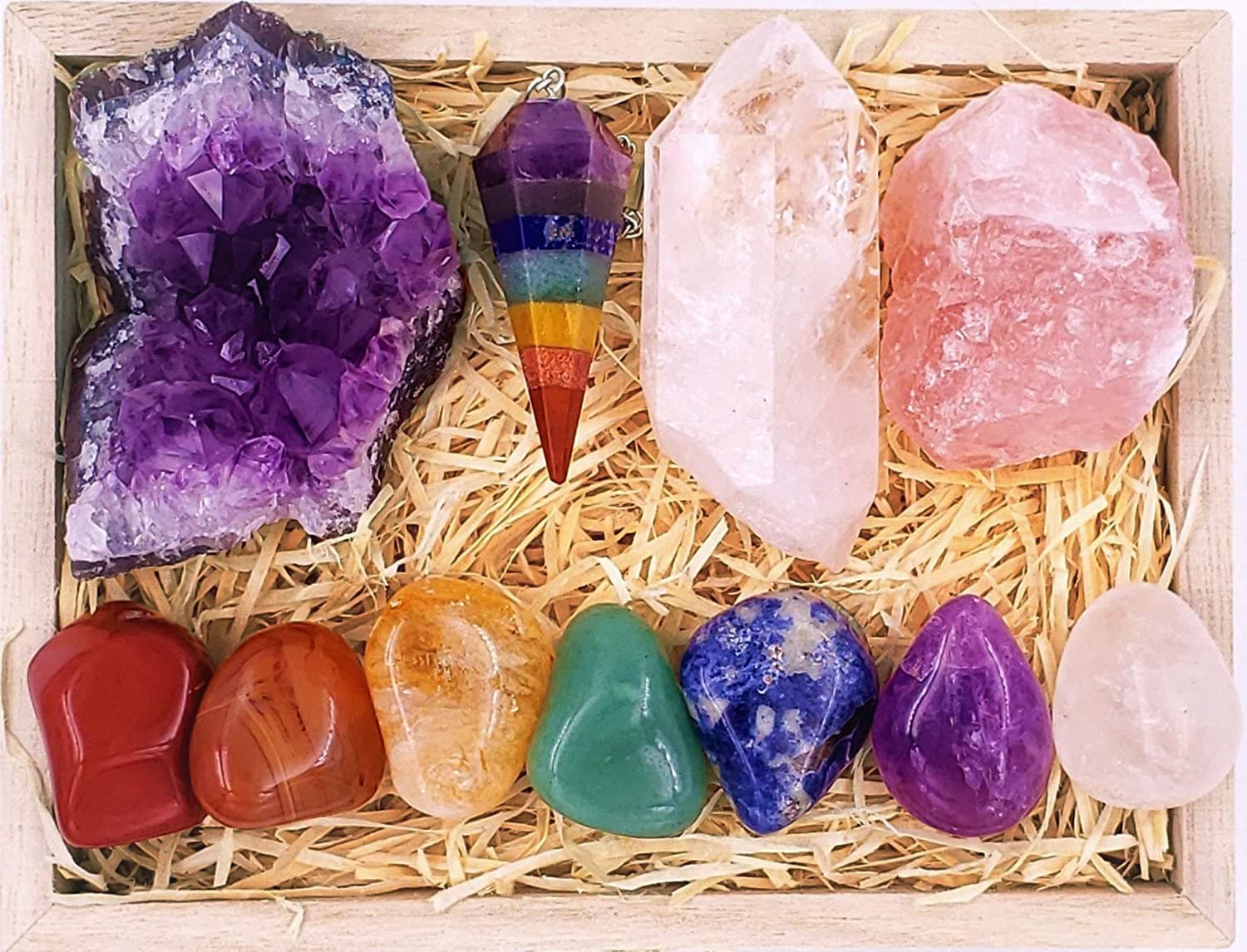 Crystals and Healing Stones Premium Kit Wooden Box - Chakra Stones Healing Crystals Set, Rose Quartz, Amethyst Cluster, Quartz Points, Chakra Pendulum (A Essential Chakra Collection)