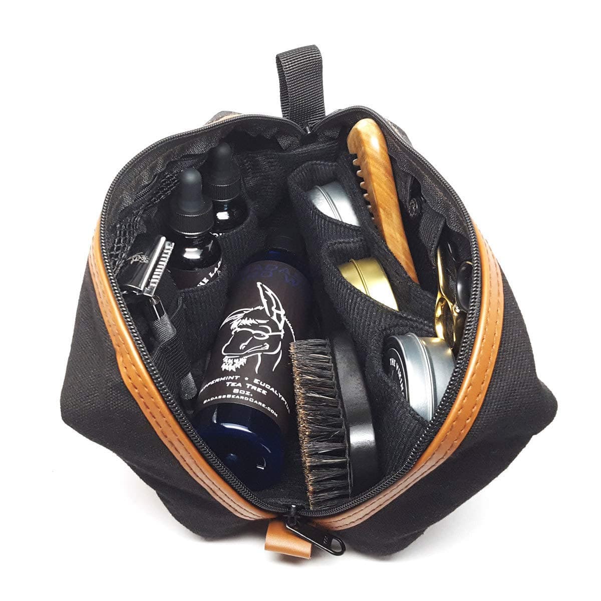 Badass Beard Care The Loaded Badass Canvas Travel Bag Features: Beard Oil, Beard Balm or Wax, Comb, Boars Hair Brush, Scissors, and canvas travel bag