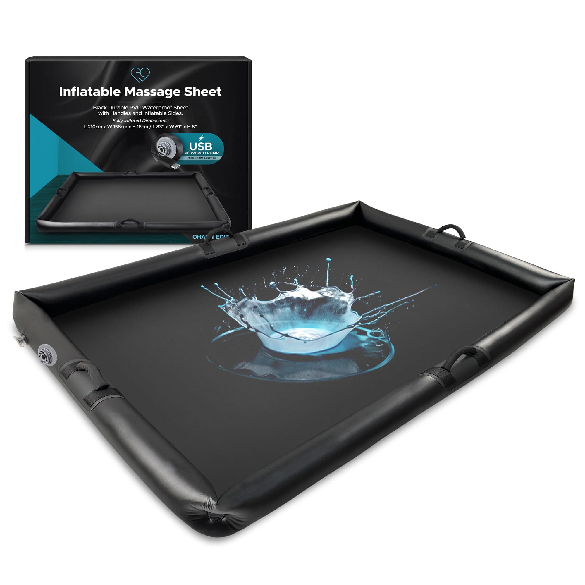 Inflatable Nuru Massage Sheet with Inflatable Sides | Black Durable PVC Waterproof | Protection against Oil, Water-based, and Silicone-based Products | 210 x 156 x 16 cm