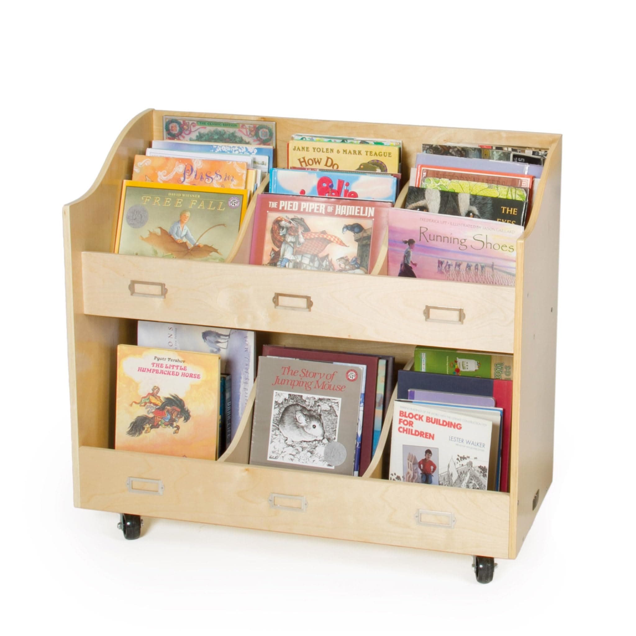 Guidecraft Mobile Book Organizer - Wooden Rolling Bookshelf and School Supply Cart with Casters and nameplate Labels - Classroom Storage Furniture