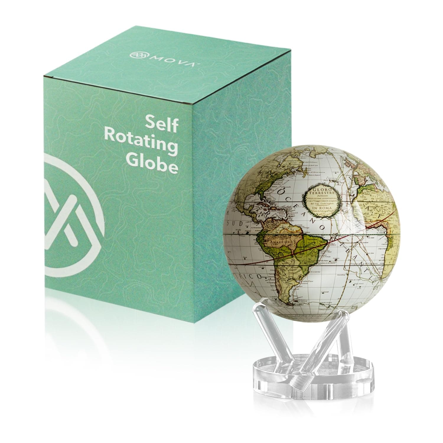 Globe - Antique Cassini White Signature (6") | Solar-Powered Spinning Globe for Desk or Shelf | Vintage Map Decor | No Batteries or Cords