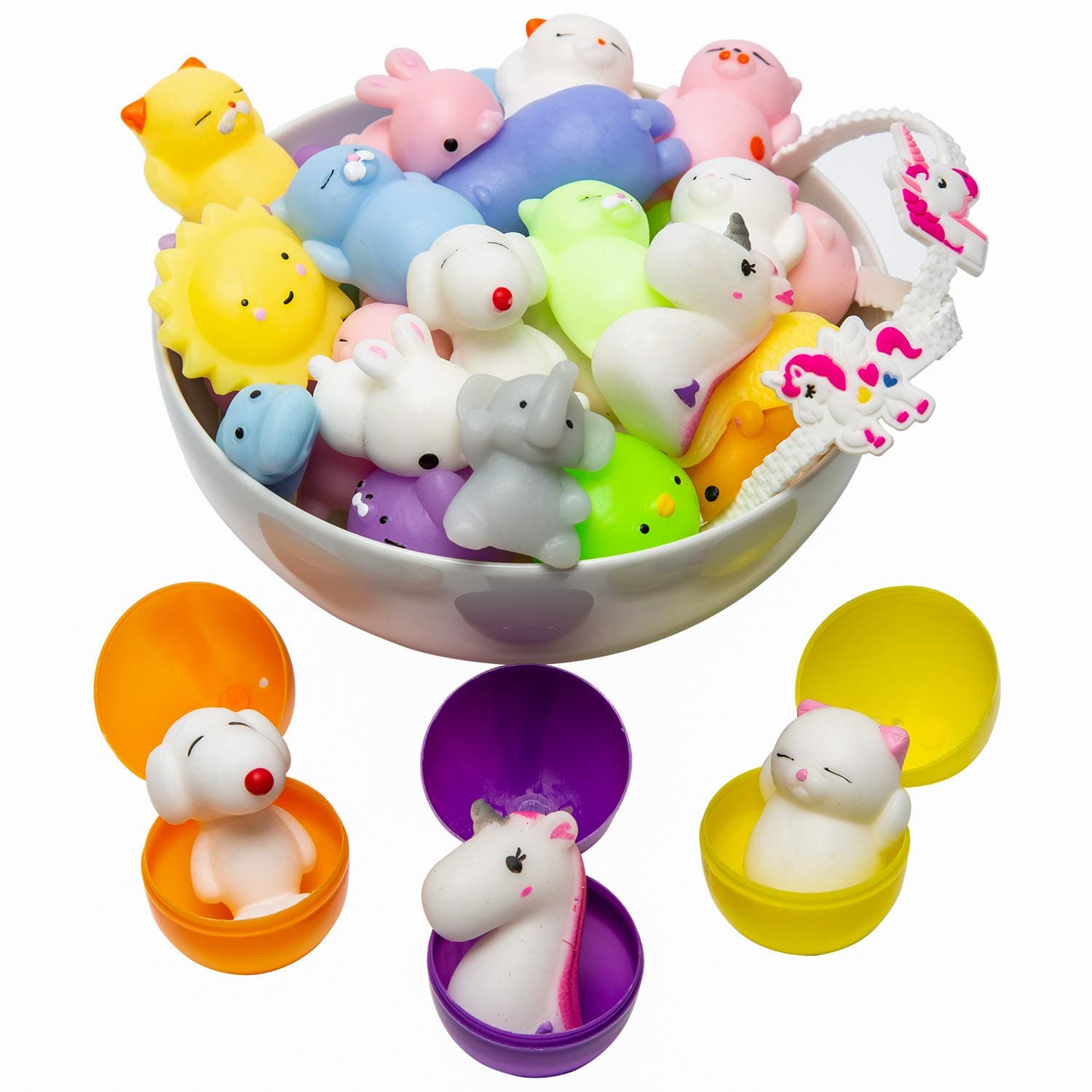Easter Basket Stuffers – 3 Pre-Filled Easter Egg Fillers, Mochi Squishies 16pcs, Classroom Prizes & Unicorn Party Favors, Claw Machine Toys