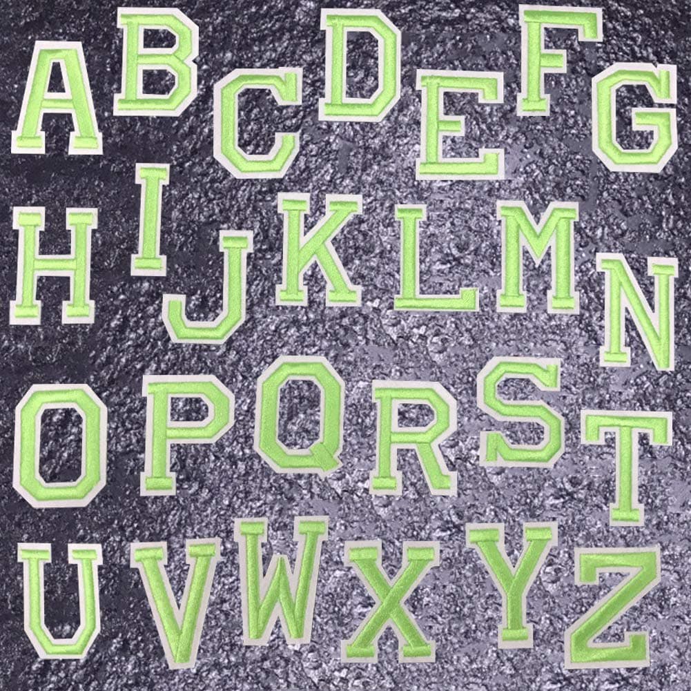 Letter Patches 26 Piece Iron on Letters Sew on Applique Patches Green Letter A-Z Ironed Adhesive Embroidered Patch Alphabet Badge Decorative Repair Patches for Hats Shirts Jackets Shoes Jeans