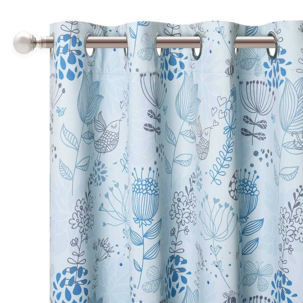 KGORGE Farmhouse Floral Curtains, Patio Door Window Curtains, Botanical Design Home Decor Artwork, Thermal Insulated for Living Room/Dining Room/Sitting Room,52 inches by 95 inches, Blue Mist, 1 Pair