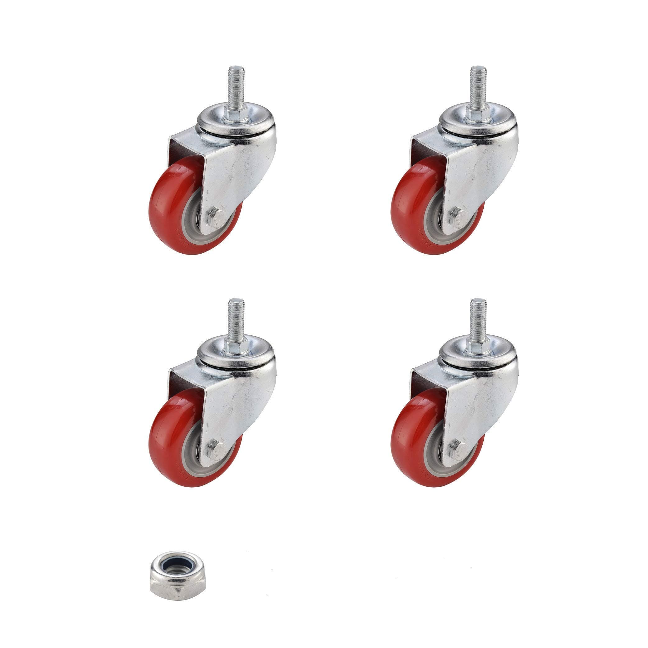 SungMi 4 Pack 3" Heavy Duty Caster Wheels Polyurethane PU Swivel Casters with 360 Degree Threaded Stem 800lb Total Capacity for Set of 4 Red (4 without Brakes) Nuts Include SM-AMS-230007
