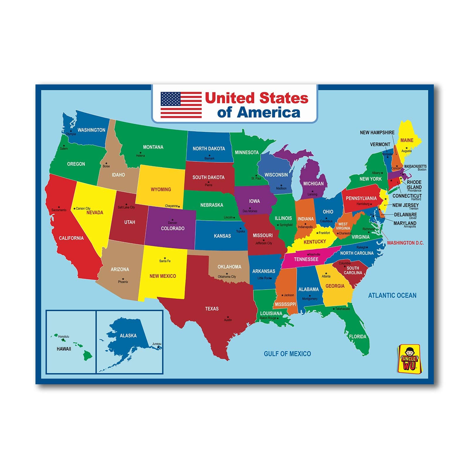 UNCLE WU Wall United State Map Poster for Kids -Double Side Learning USA Map -18 x 24 inch Laminated