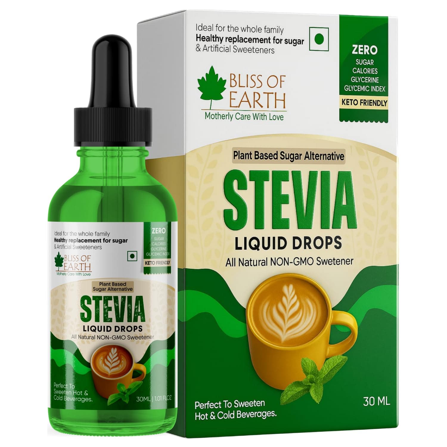 Bliss of Earth Pure Stevia Sweetener Liquid Drops, Natural Sugarfree Diet Sugar For Diabetics & Keto Diet, Glycerine Free & Zero Glycemic Index, 30ml