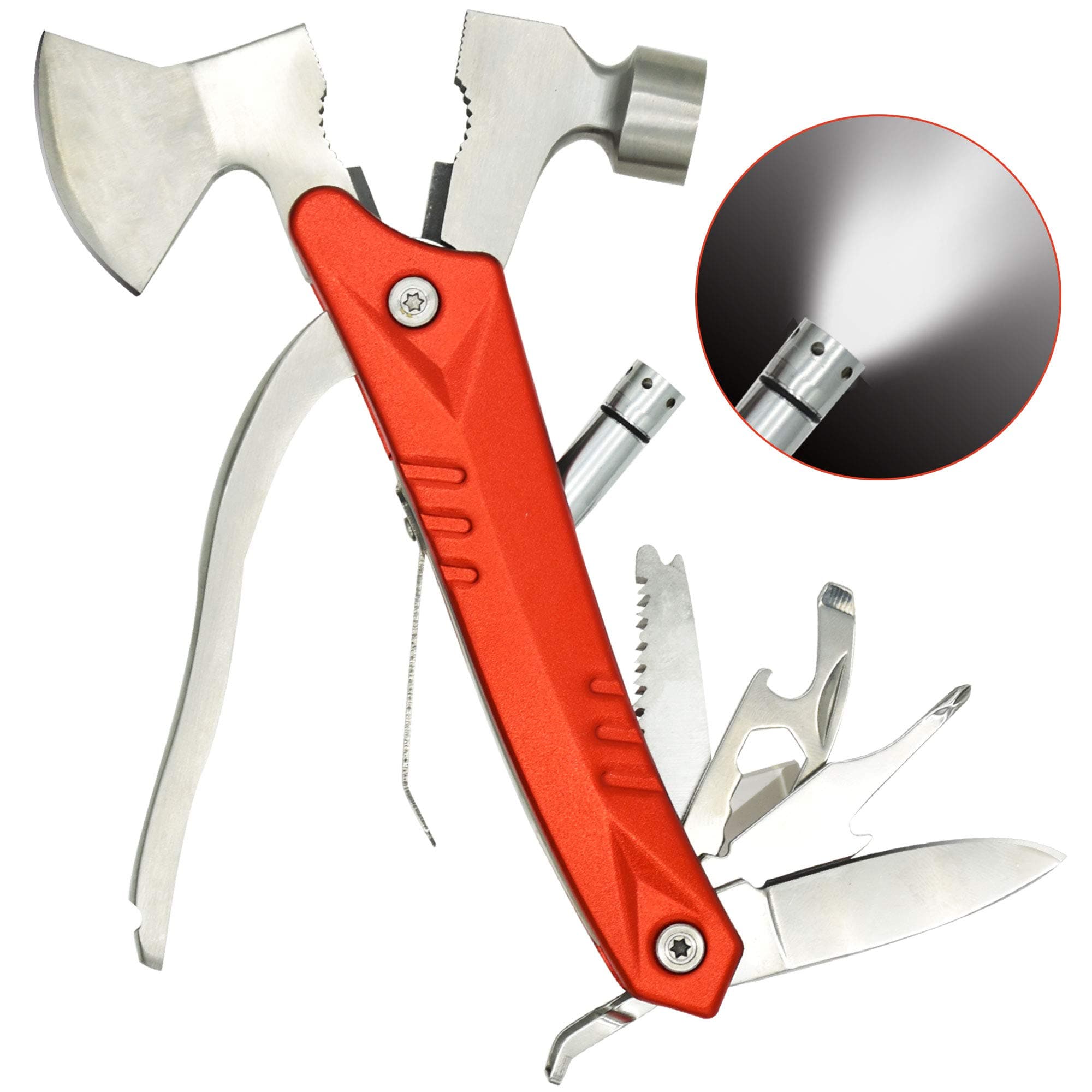 Camping Multitool, Anumit 14 in 1 Survival Gear Kit for Outdoor Hiking, Cool & Unique Gifts for Men Women, Stainless Steel Car Tool with Flashlight, Hammer, Axe, Plier, Knife, Bottle Opener, etc