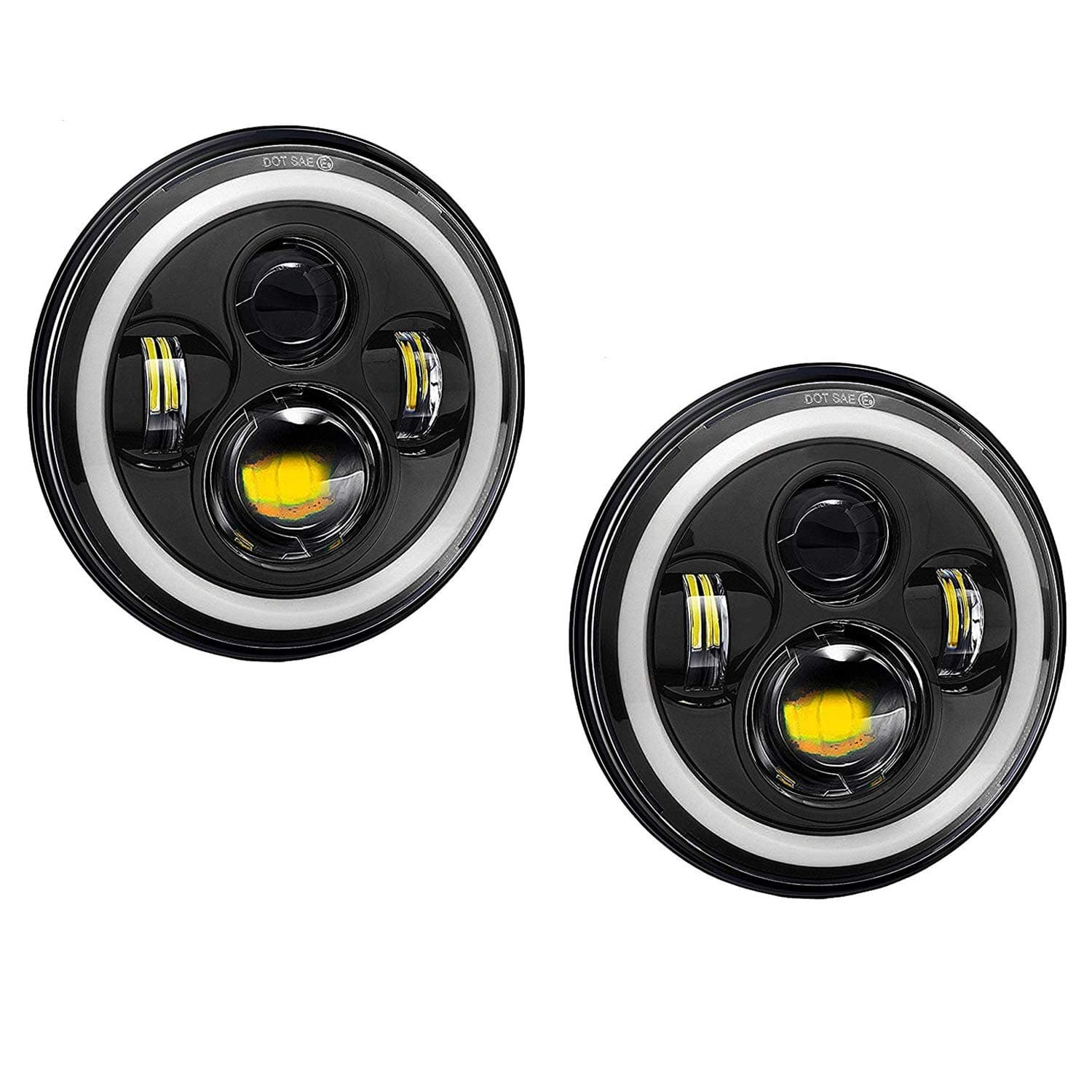 M7IRH2P 7 inch Round LED Headlight with Hi/Low Beam, White Halo Angel Eye Ring for Harley Davidson Motorcycle Jeep (75W)