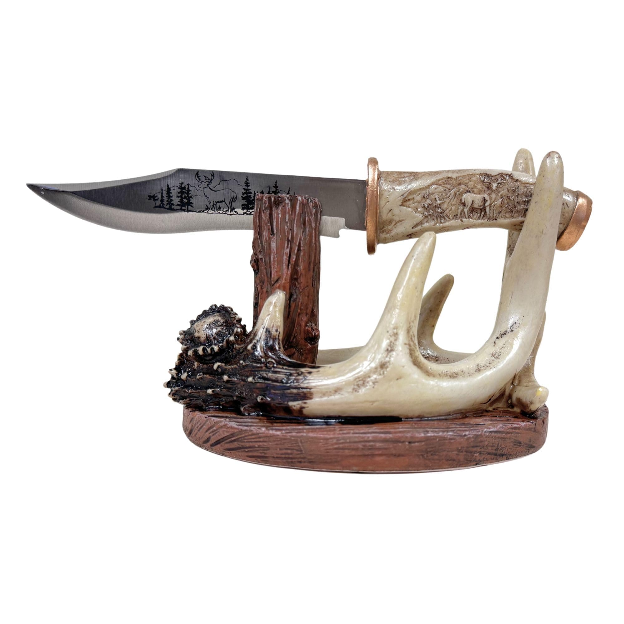 Carved Handle Decorative Deer Buck Blade Knife with Faux Antler Display Stand Hunting Cabin Home decoration