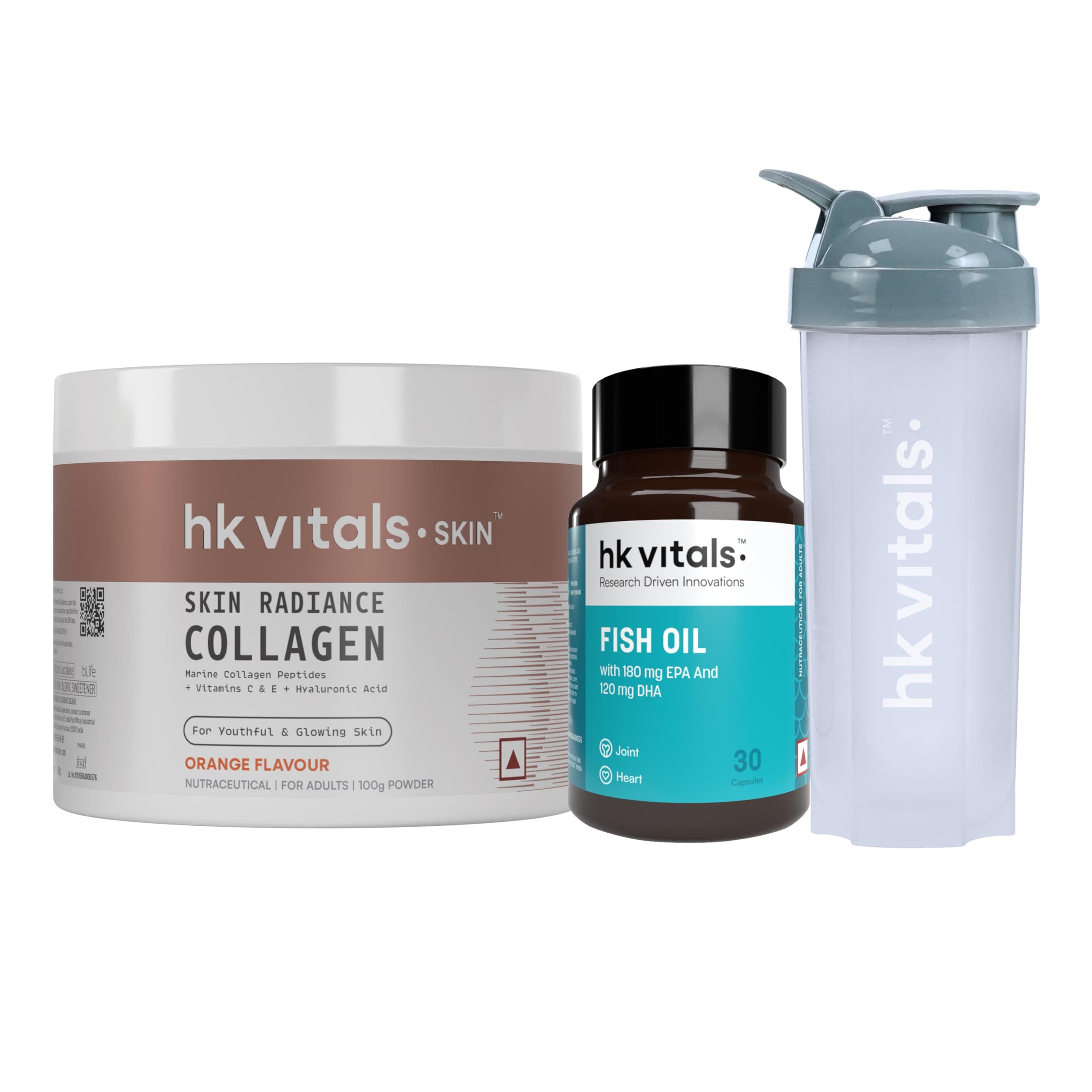 hk vitals Skin Radiance Marine Collagen Supplement (Orange,100g) & Omega 3 Fish Oil (30 Capsules) (1000 mg Omega 3 with 180 mg EPA & 120 mg DHA) With 650 ml Shaker |Combo Pack