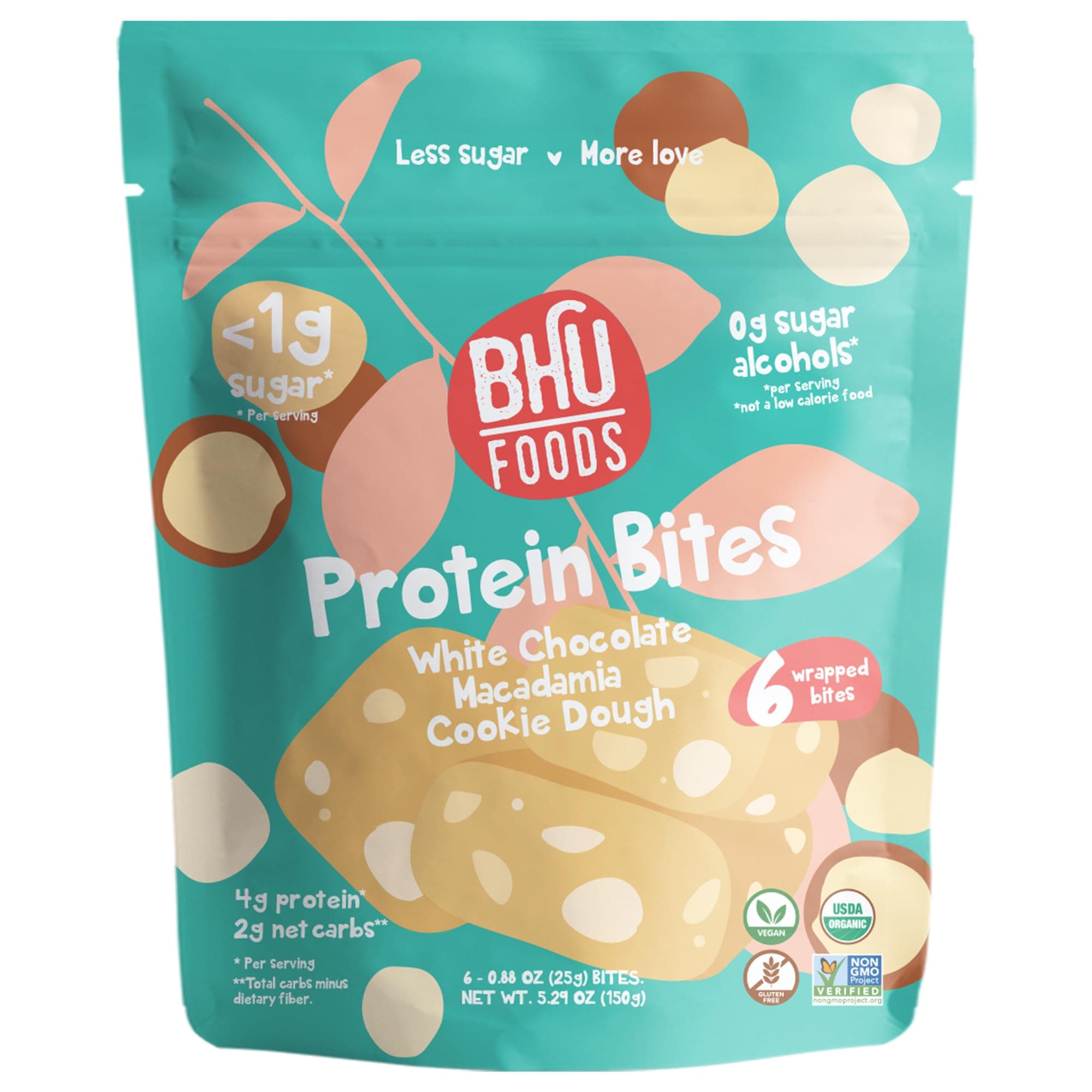 Bhu Foods Keto Bites, White Chocolate Macadamia Cookie Dough, Organic Snacks for Adults & Kids, Gluten Free, Vegan, Low Carb & Sugar, Individually Wrapped (1 Pack)