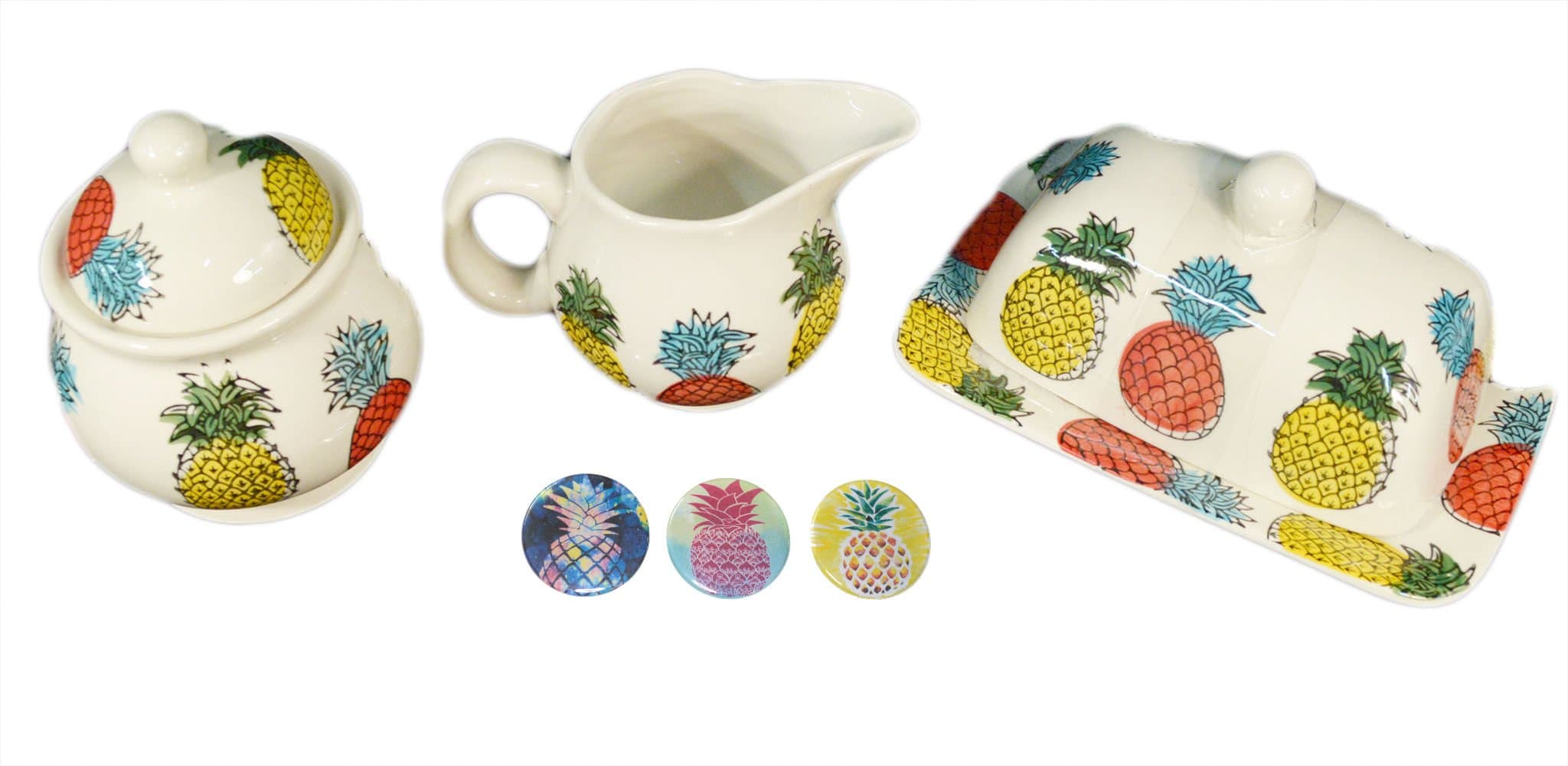 Pineapple Kitchen Decor Set Butter Dish Creamer Sugar Bowl and Refrigerator Magnets Mother's Day Birthday or Graduation Gift Set