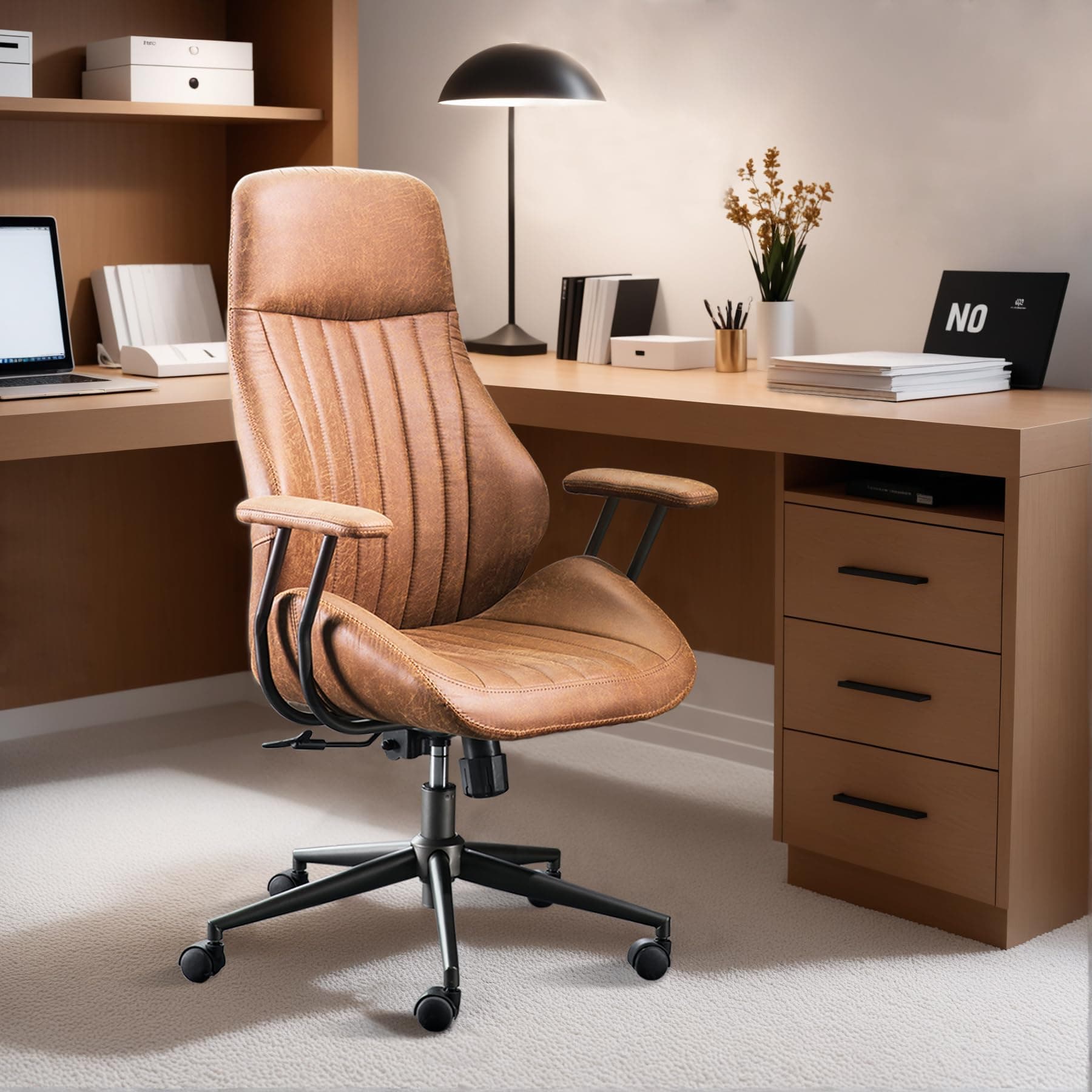 ovios Executive Ergonomic Office Chair, High Back Comfy Faux Suede Leather Computer Chairs, Mid-Century Modern Swivel Rolling Task Armchair, Brown