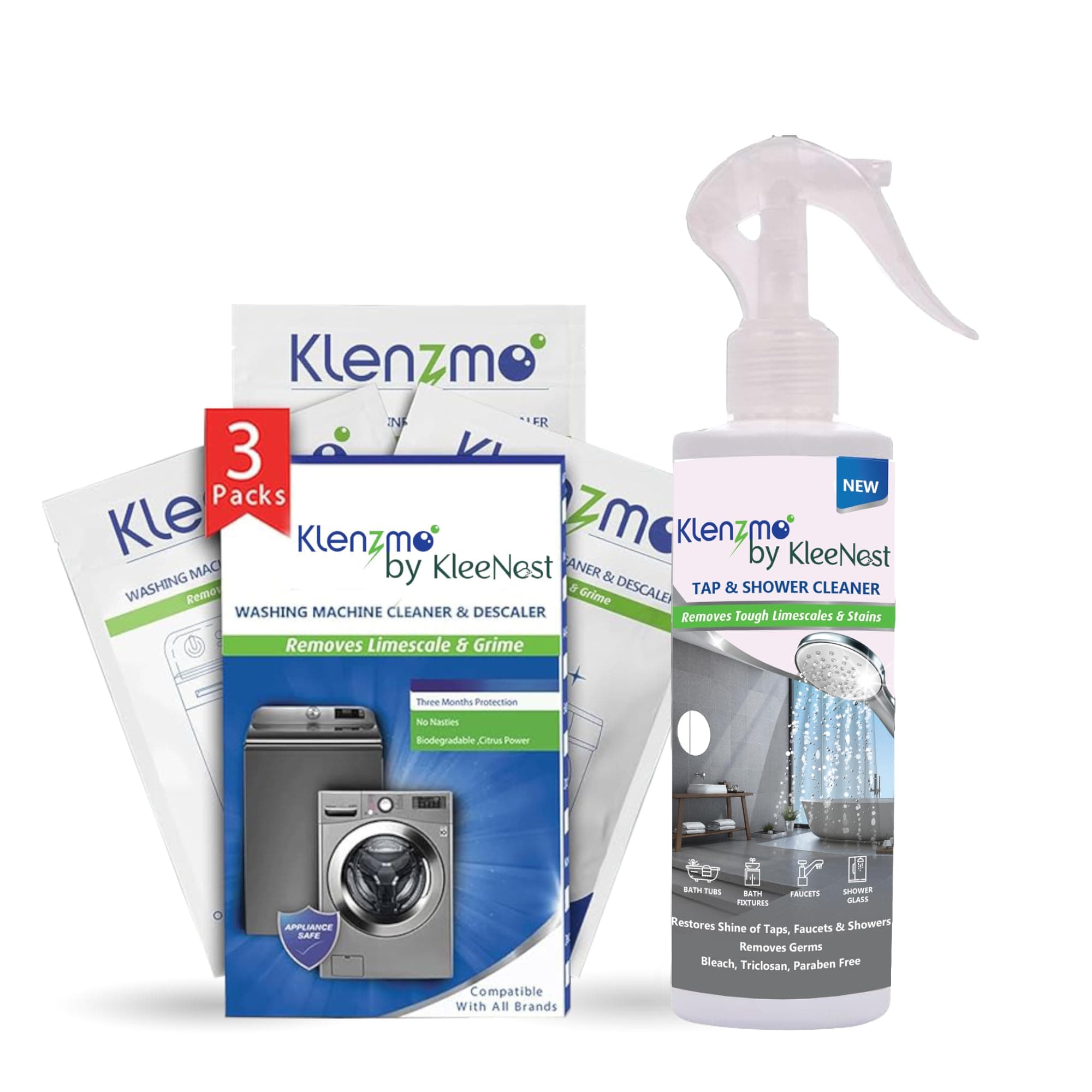 Klenzmo by Kleenest Washing Machine Cleaner Pouch - 180gx3 Pouch & Tap Cleaner - 270ml | Combo Pack