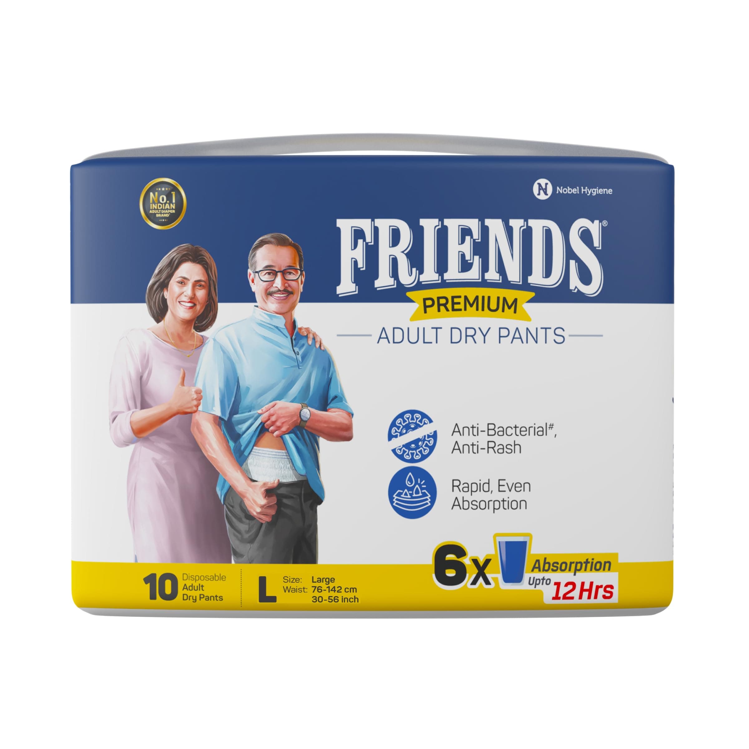 Friends Premium Adult Diaper L Size Pants | 10 Count (Large) | Waist 30-56 inch |12 Hrs Protection | Leakproof | Quick & Even Absorption | Unisex| Wetness Indicator | Odour Lock | Superior Softness | Elastic Waist & Anti-Bacterial Absorbent Core